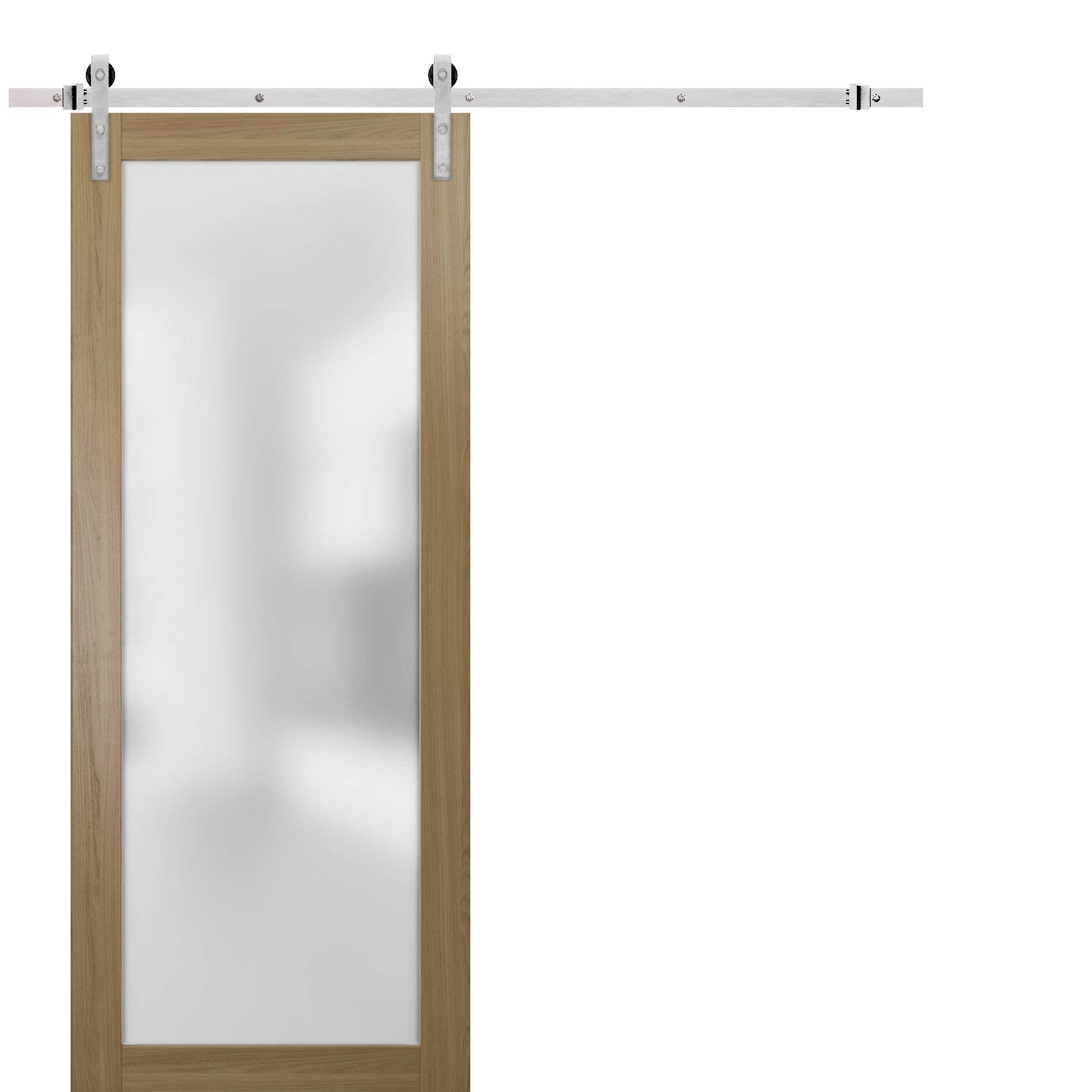 SARTODOORS 28x80 Inch Frosted Tempered Glass Barn Door with Stainless Steel Rail - Modern Solid Panel Interior Door for Bedroom, Bathroom, Closet - Planum 2102 Honey Ash Finish - Top Mount Heavy Duty 6.6FT Hangers
