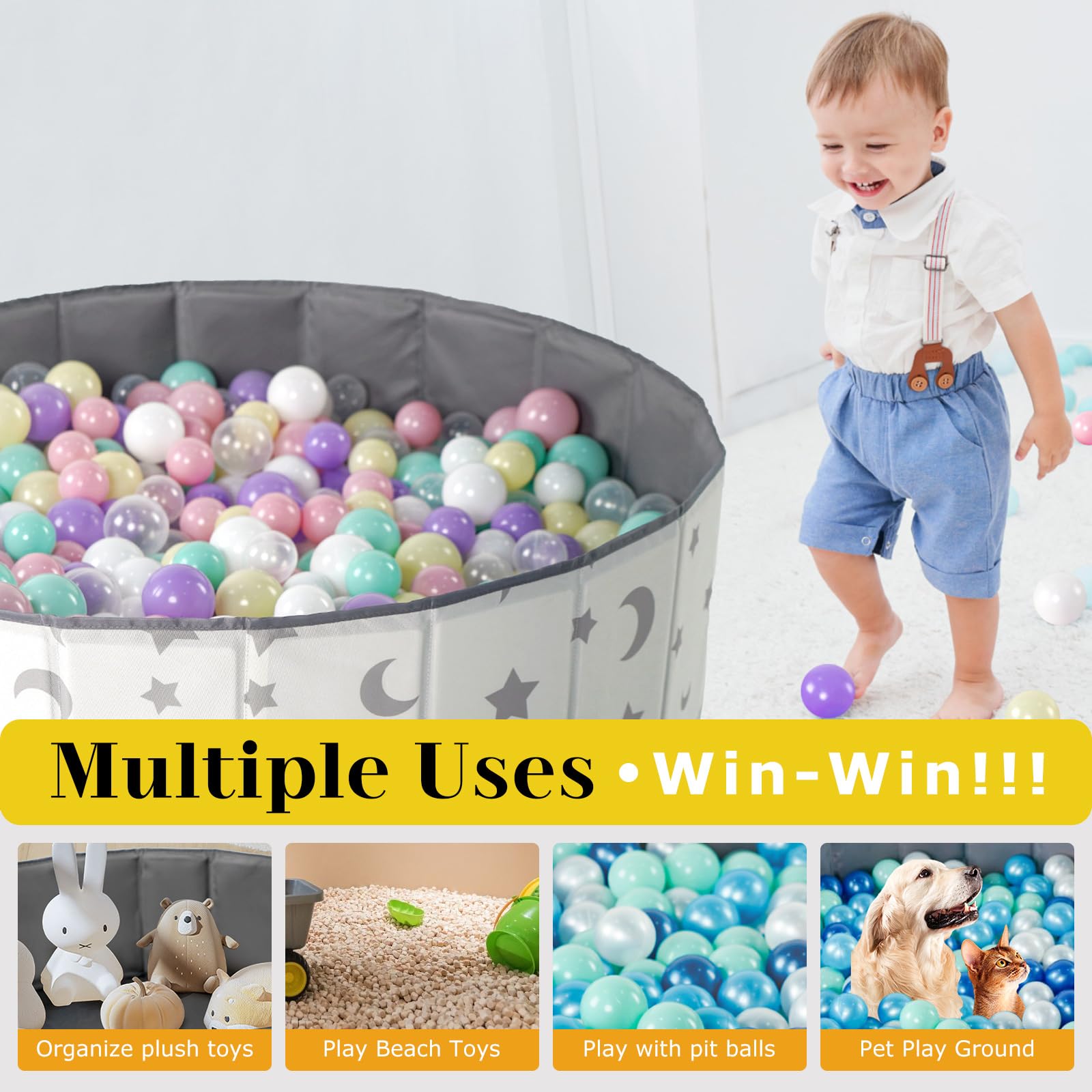 40Inch Kids Ball Pit - Foldable, Portable & Reusable Toddler Playpen with Balls, Indoor/Outdoor Baby Play Pool, Dog Playpen Fence, Oversized Star/Moon Design - Perfect for Birthday Parties, Daycare Centers & Backyard Fun