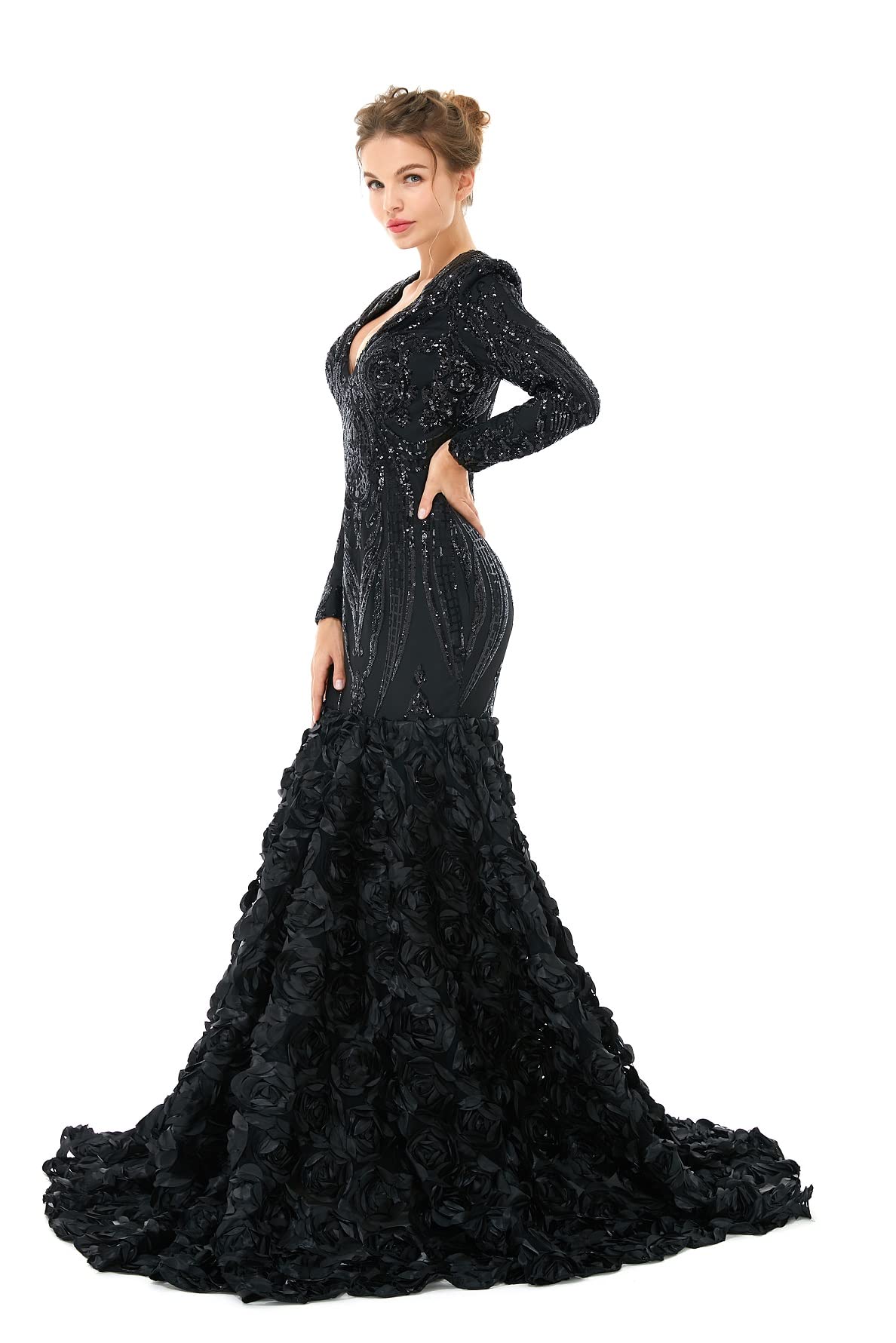 Elegant Women's Sequined Long Sleeve V-Neck Mermaid Evening Dress for Prom, Party, Pageant & Celebrity Events - Rose Floral Gown for Special Occasions