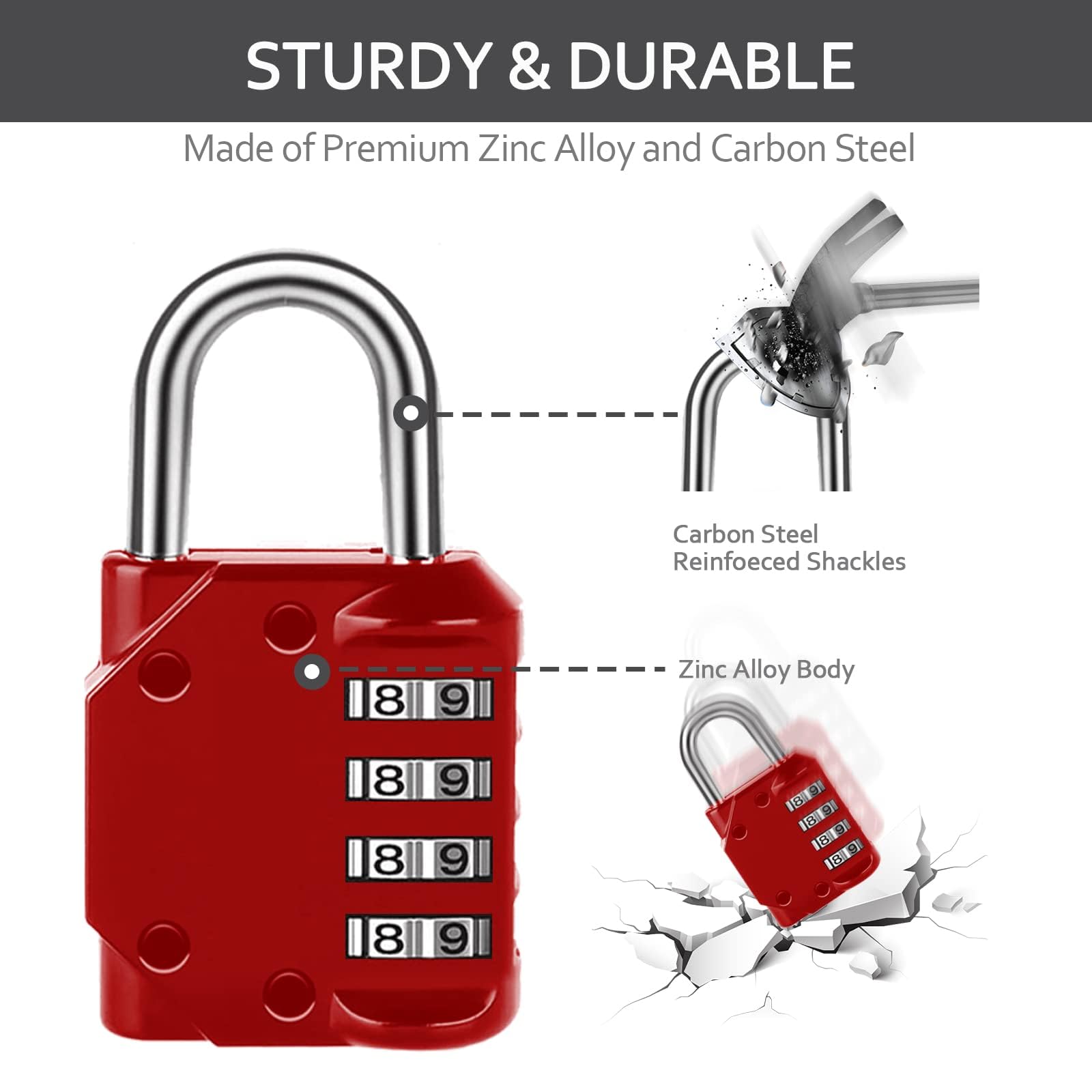 Vervida 2-Pack Heavy Duty 4-Digit Resettable Combination Padlock - Secure Gym Lockers, School Lockers, Sports Equipment, Fences, Toolboxes & Storage Hasps (Red) - Ideal for Outdoor, Travel & Home Security Use