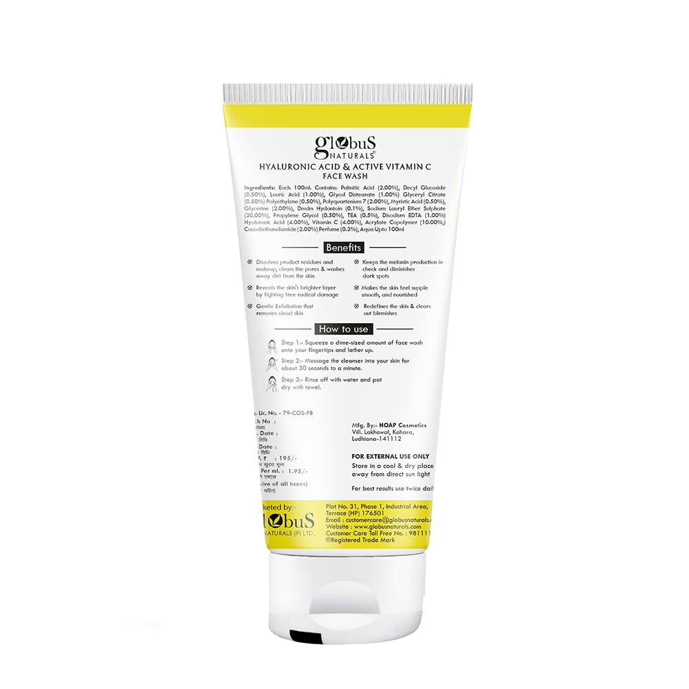 Globus Natural Anti-Aging Face Wash with Hyaluronic Acid & Vitamin C - 100ml Hydrating Cleanser for Youthful Skin | Perfect for Daily Skincare Routine & Travel
