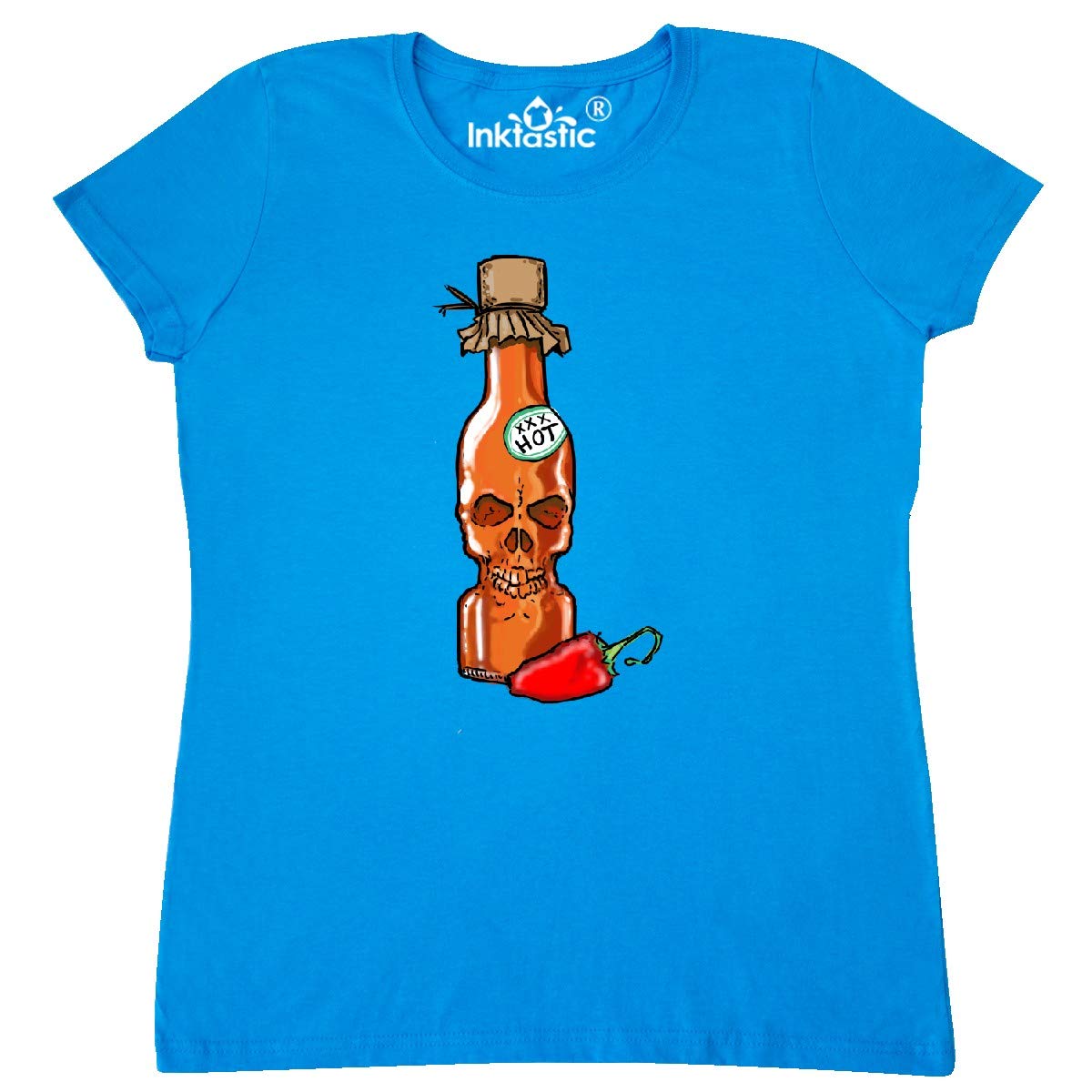 Inktastic Hot Sauce Skull Bottle with Pepper Women's Graphic T-Shirt | Cool Spicy Food Lover Tee for Women | Perfect for Casual Wear, Parties & Gifts