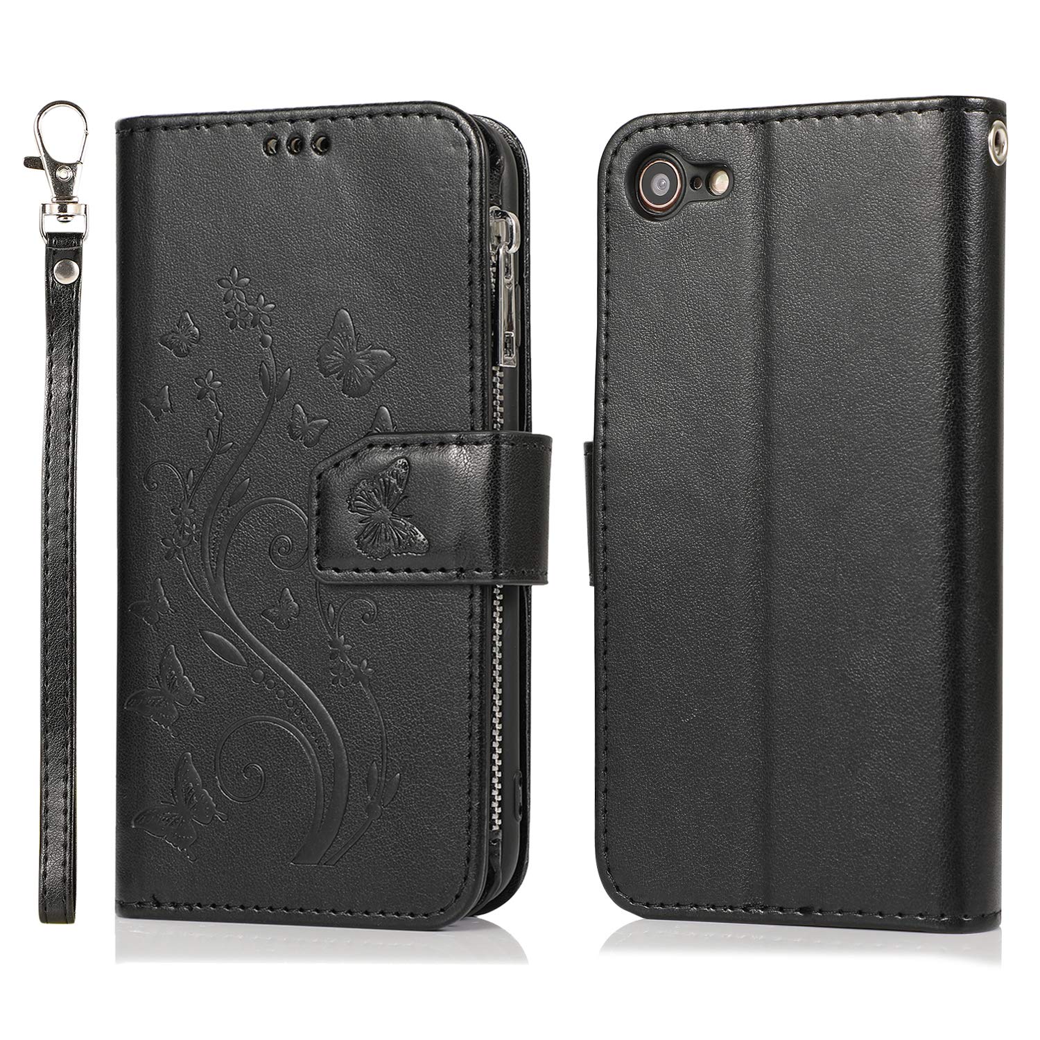 Premium PU Leather Magnetic Wallet Case for iPhone SE 2022/SE3/iPhone 8/iPhone 7/iPhone SE 2020/SE2 - Shockproof Flip Cover with Zipper Pocket, Card Slots & Kickstand (Black) | Perfect for Travel, Work & Everyday Use