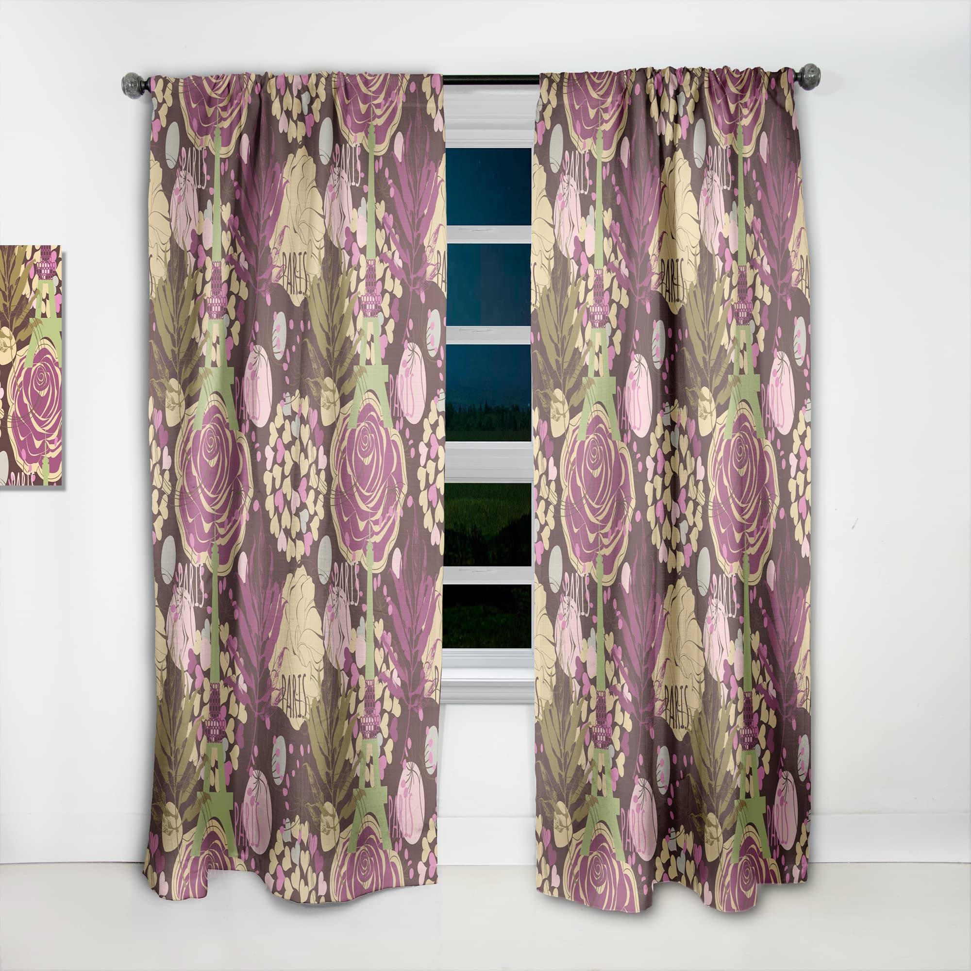 DesignQ Retro Paris Eiffel Tower & Roses Heart Print Thermal Insulated Curtain Panel - 52x90 Inches - Elegant Window Treatment for Bedroom & Living Room Decor | Perfect for French Theme Rooms & Romantic Home Atmosphere