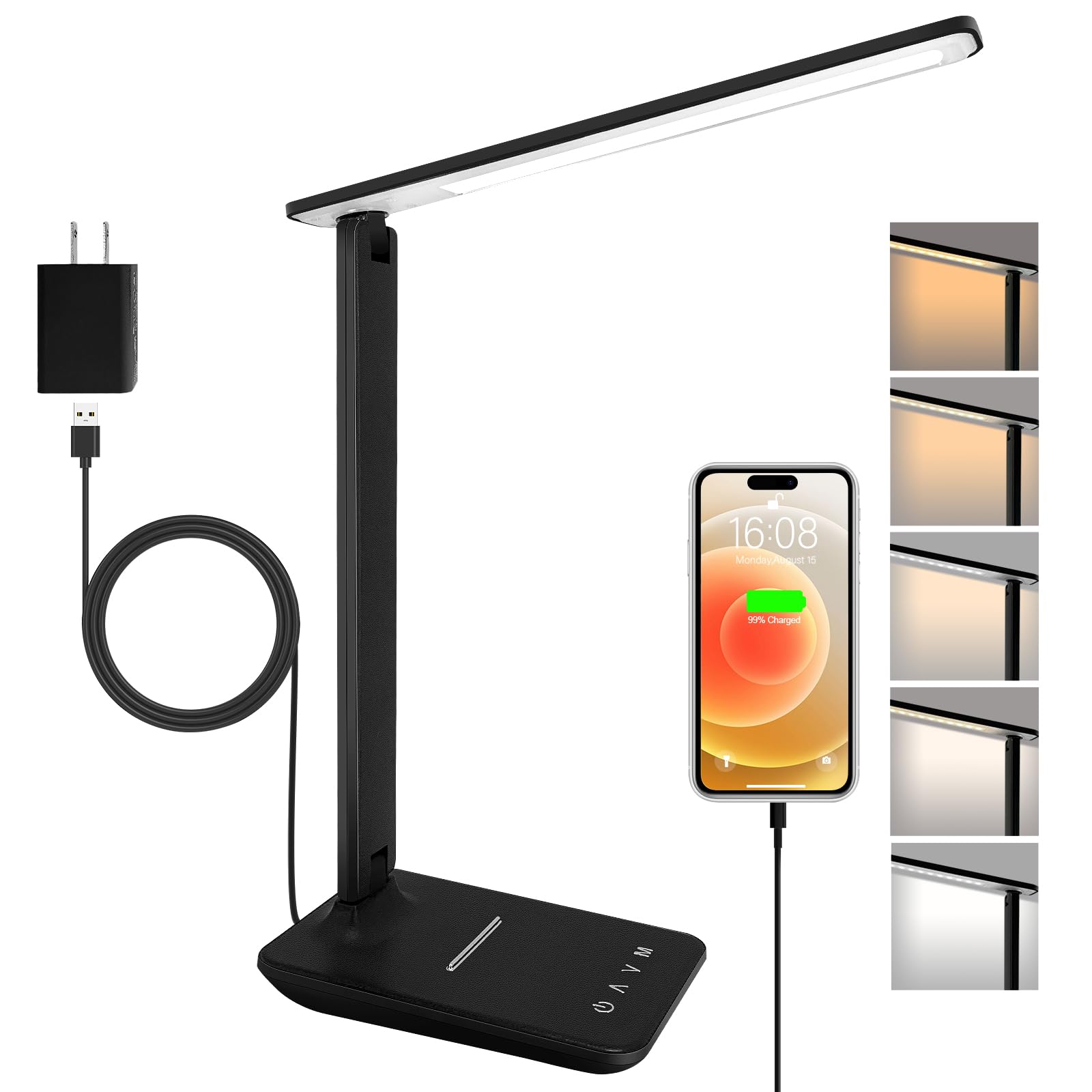 Karidi LED Desk Lamp - Dimmable Table Lamp with USB Charging Port, 5 Lighting Modes & Touch Control, Foldable Portable Reading Light for Home Office, Bedroom, Study - Perfect for Night Reading, Working & Charging Devices (Black)