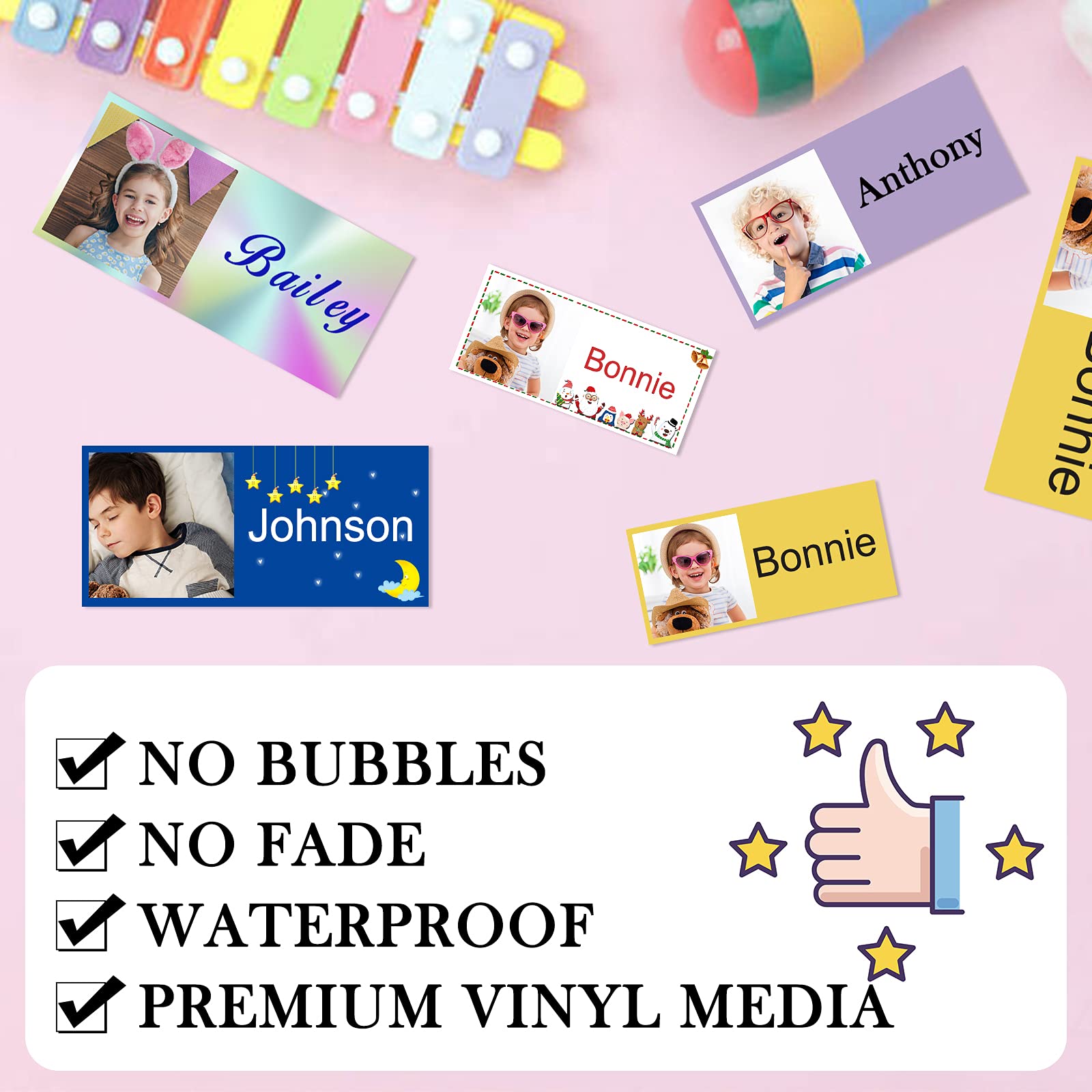 46 PCS Custom Name Labels for Kids - Personalized Photo Waterproof Stickers for School Supplies, Daycare, Water Bottles & Lunch Boxes - Perfect for Organizing Backpacks, Lunch Kits & Daycare Essentials