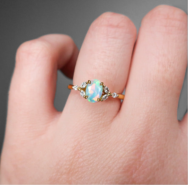 Ethiopian Opal Gold Statement Ring for Women - Oval White Opal Jewelry for Everyday Wear & Special Occasions