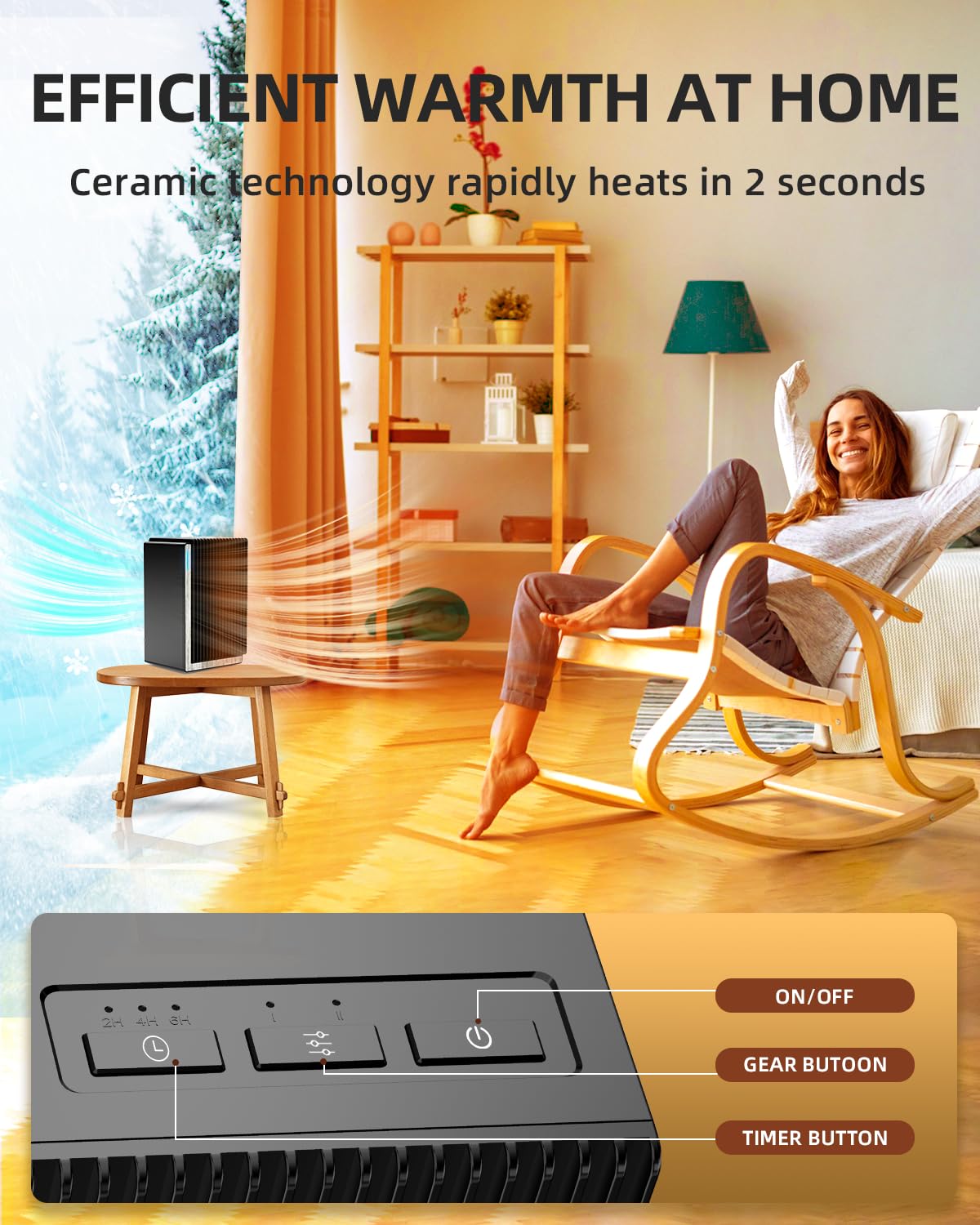 Portable Space Heater 1200W/800W with Timer - Fast Heating PTC Ceramic Heater with Tip-Over & Overheat Protection - Compact Electric Heater for Office, Bedroom & Indoor Use - Perfect for Winter Warmth & Energy Efficient Heating