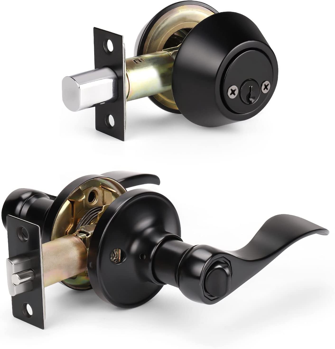 KNOBWELL 2 Pack Matte Black Door Handle Set with Keyed Alike Levers & Double Keyed Deadbolt - Exterior Door Lock for Right/Left Handed Doors - Perfect for Home, Office, and Commercial Security