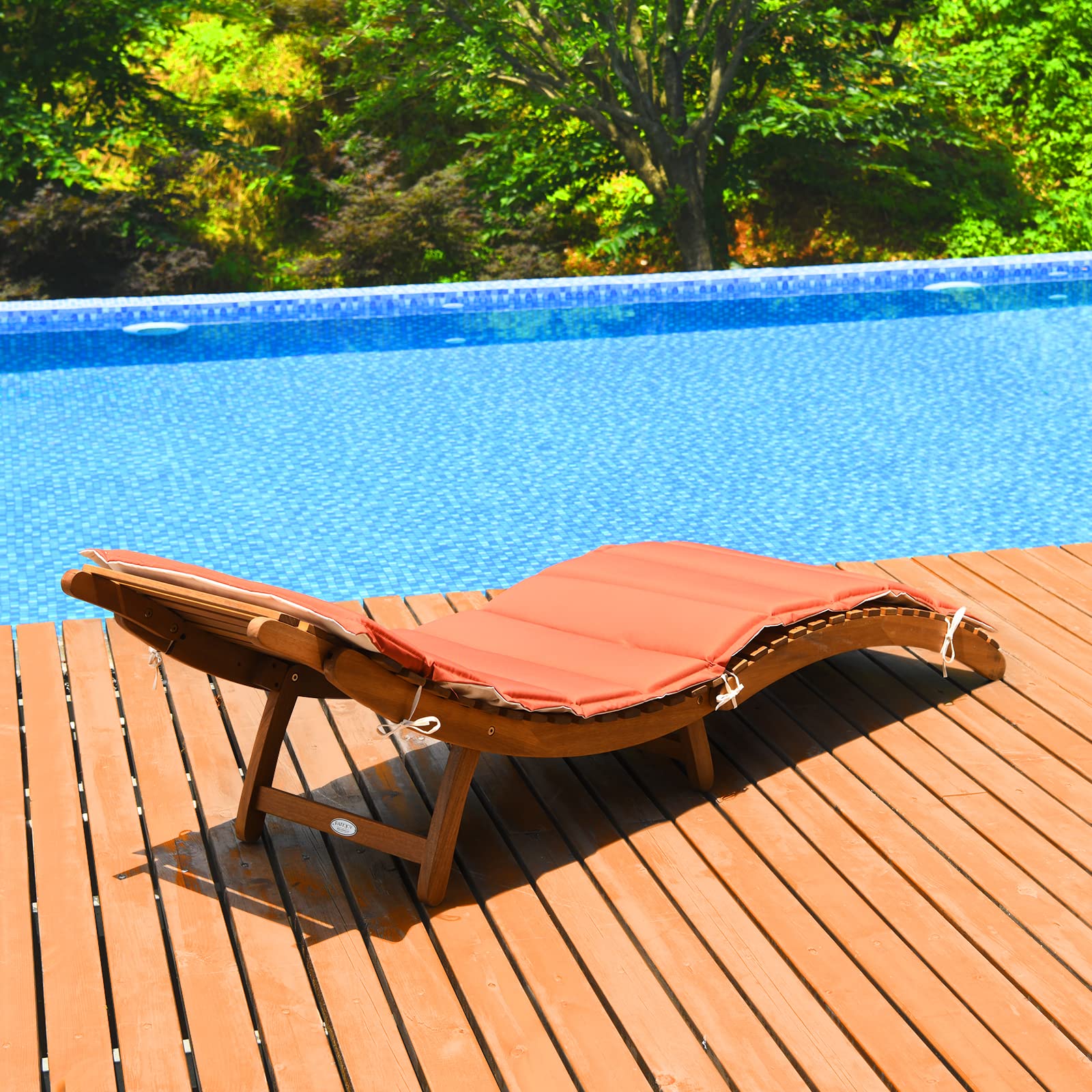 Tangkula Folding Patio Lounge Chair - Solid Eucalyptus Wood Sun Lounger with Double-Sided Cushion - Portable Chaise with Foldable Headrest for Garden, Lawn, Backyard & Poolside Relaxation