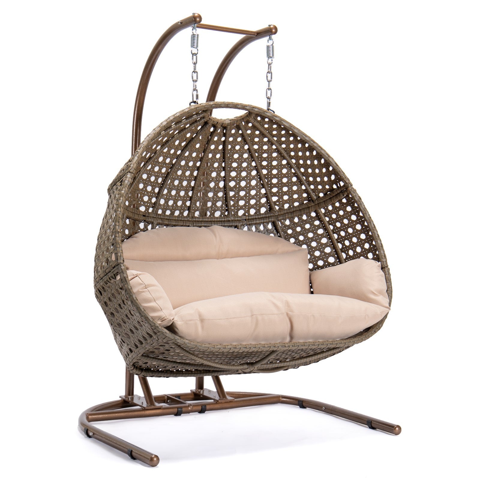 Brown Wicker Hanging Double Seat Swing Chair with Stand & Beige Cushion - Outdoor Patio Furniture for Garden, Backyard, Porch Relaxation