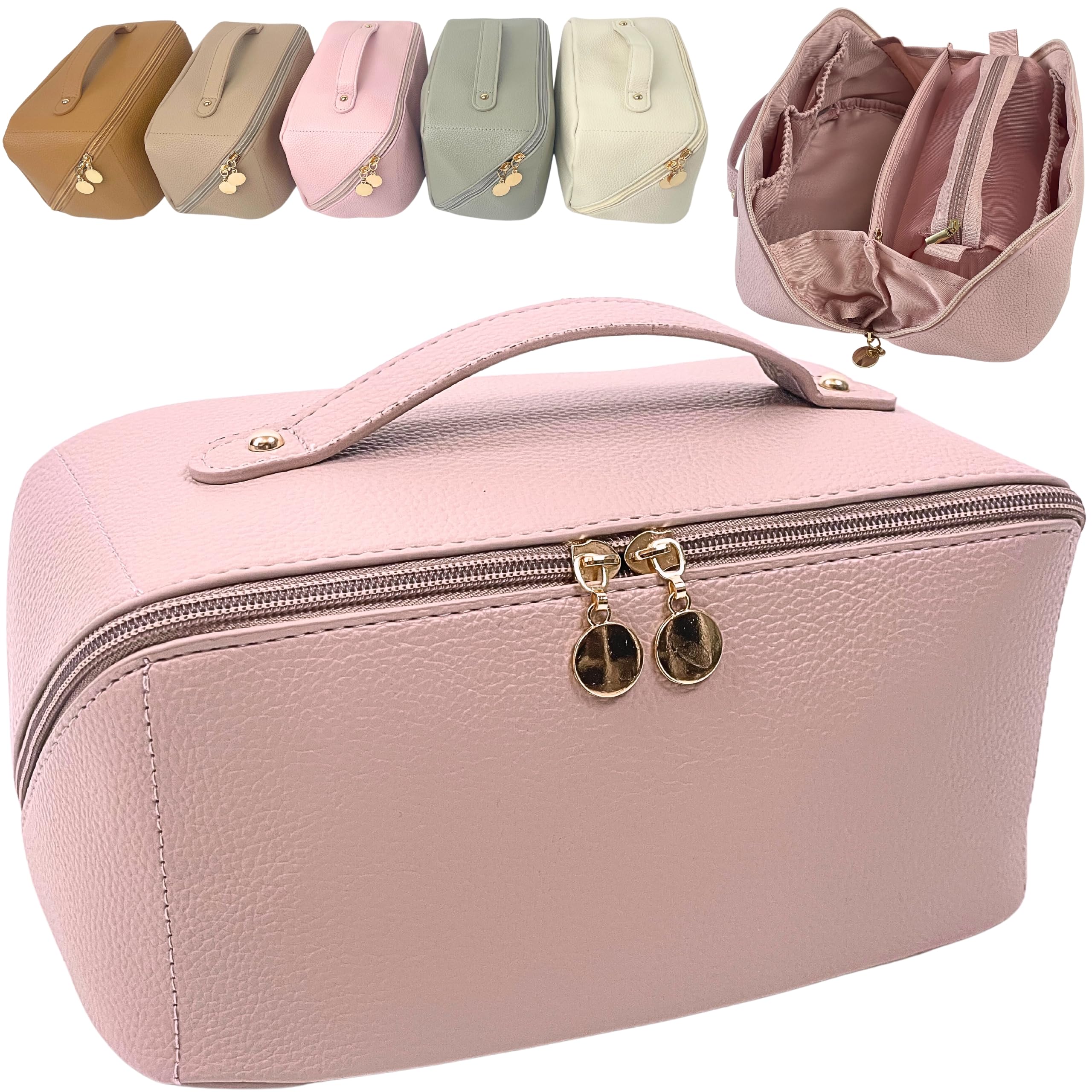 JAZD Large Waterproof Cosmetic Bag - Leather Travel Makeup Organizer with Handle for Easy Access - Perfect for Travel & Daily Use