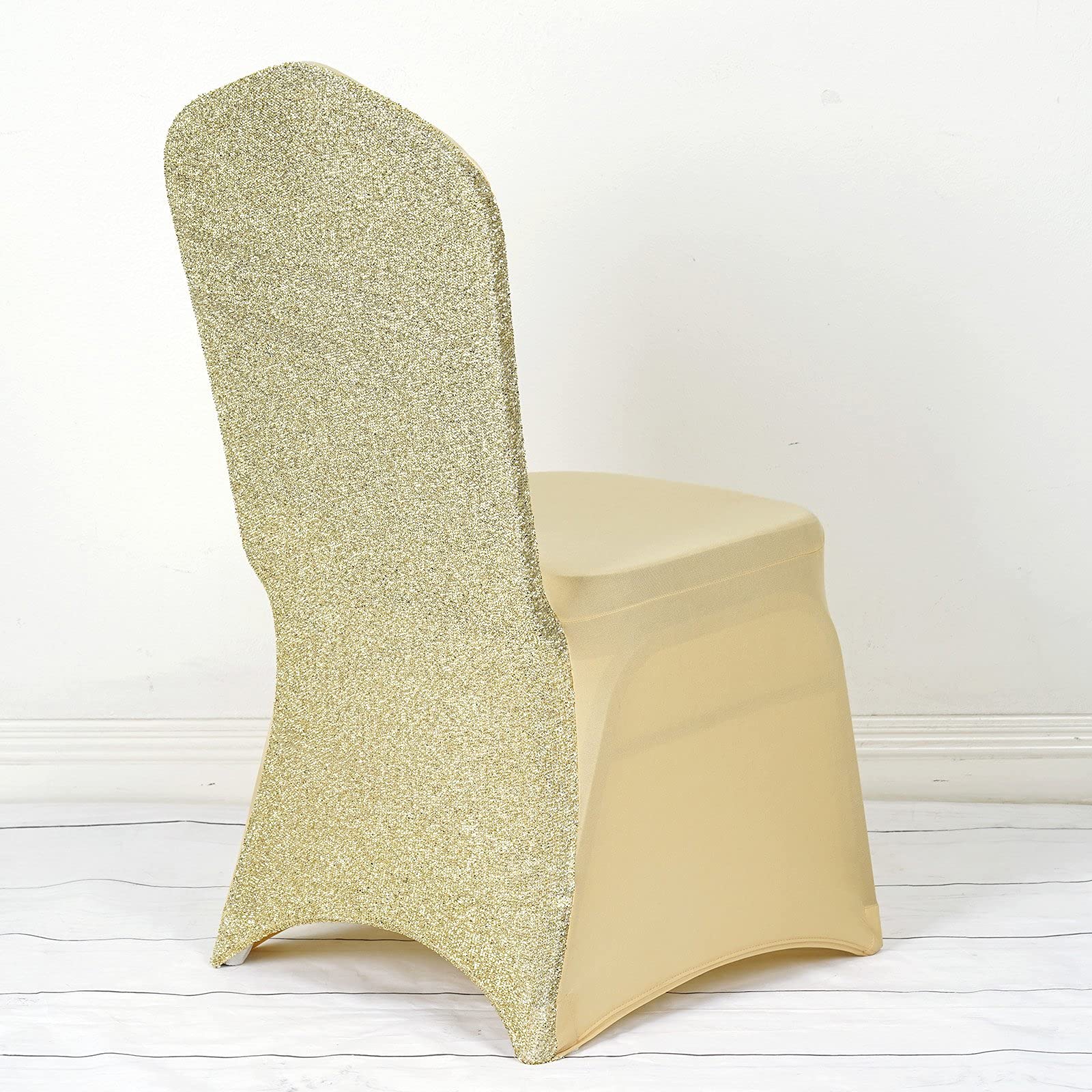 25 Pcs Champagne Metallic Spandex Stretchable Banquet Chair Covers - Elegant Balsa Circle Design for Wedding, Party & Reception Decorations - Perfect for Bridal Showers, Anniversary Celebrations & Formal Events