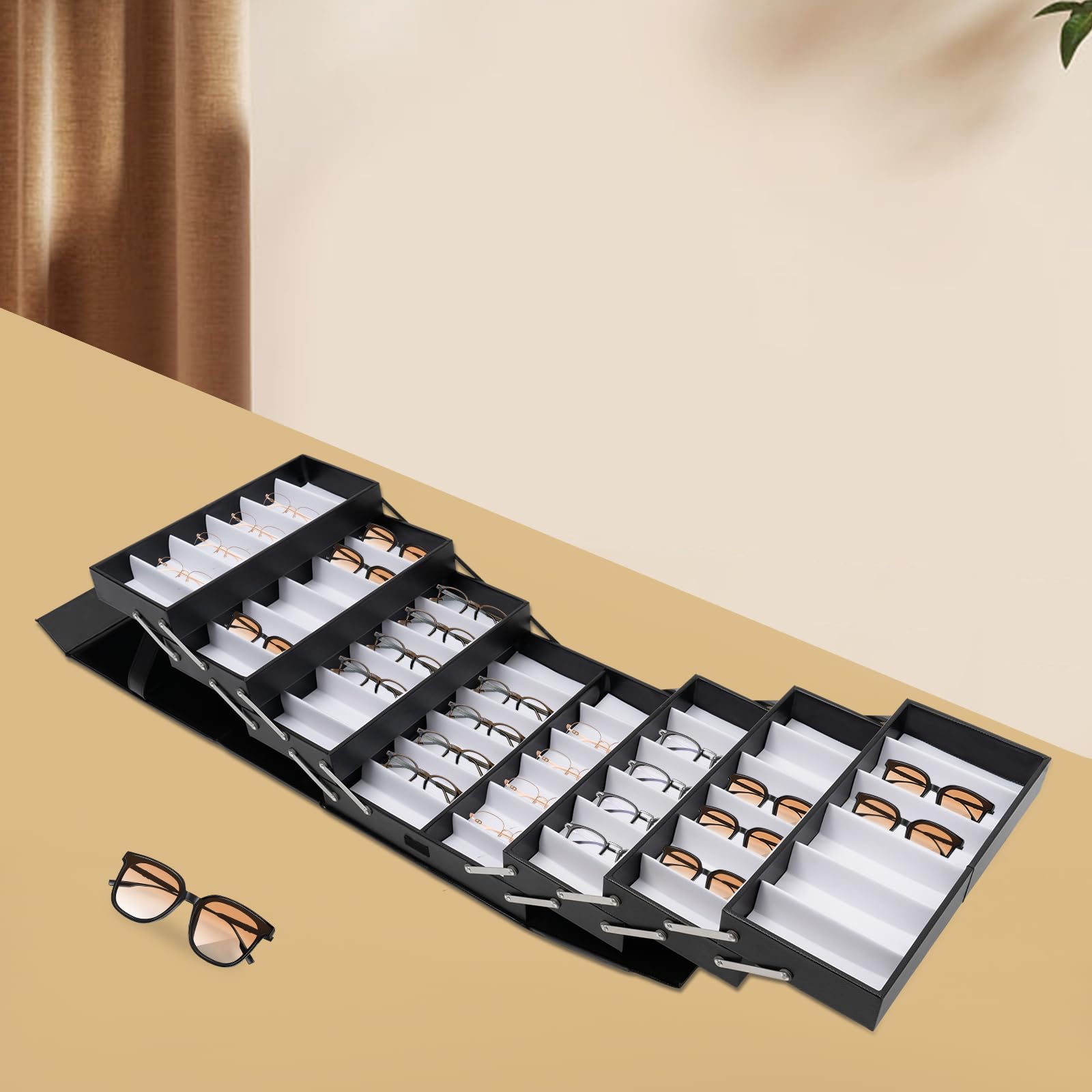 Foldable Eyeglasses Storage Case - PU Leather Sunglasses Organizer Box with 48 Slots for Men & Women - Perfect for Travel, Home Display, and Jewelry/Watches Organization