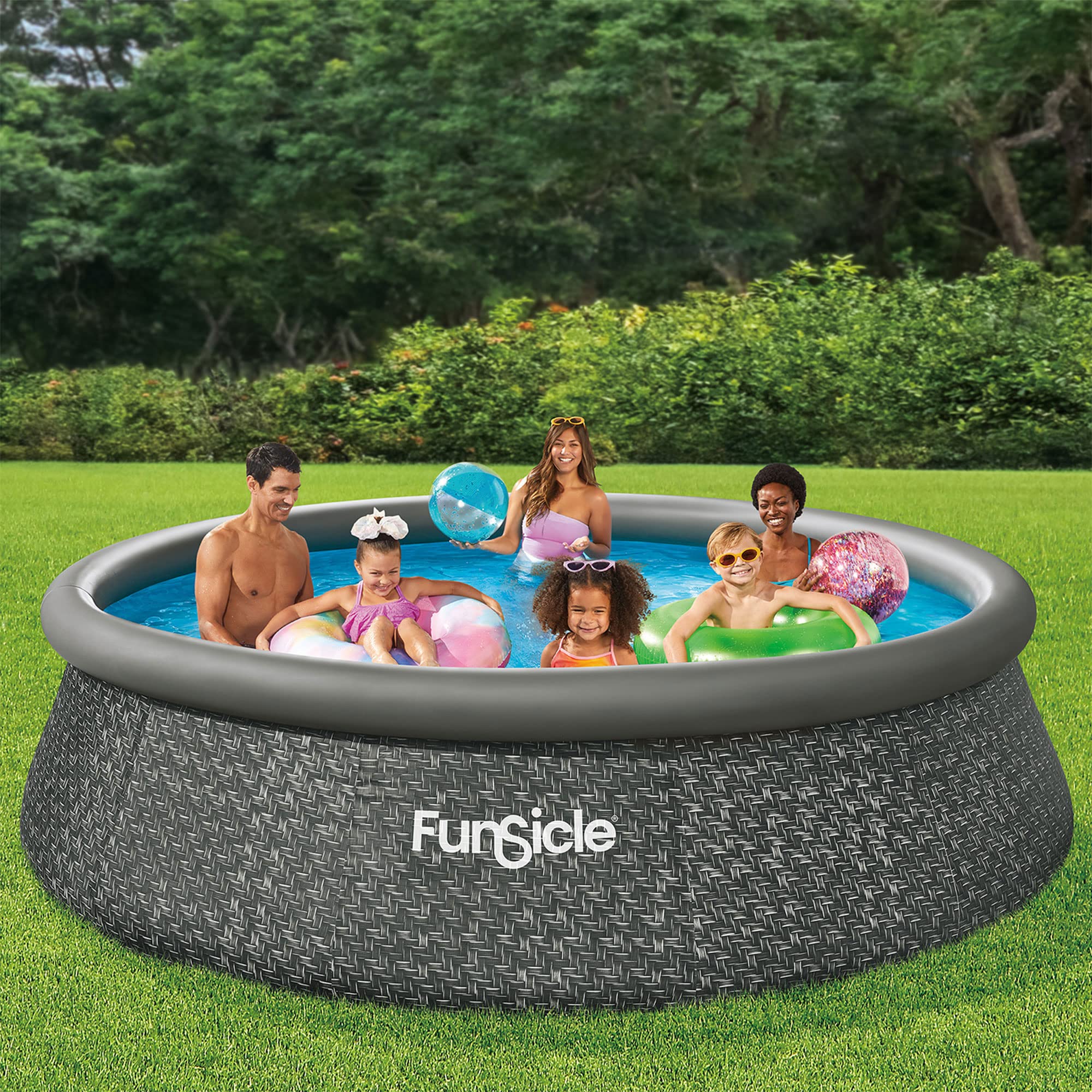 Funsicle 12ft x 36in Quick-Set Round Inflatable Above Ground Swimming Pool Set with Pump & Cartridge Filter - Dark Herringbone Design for Backyard, Garden & Outdoor Family Fun