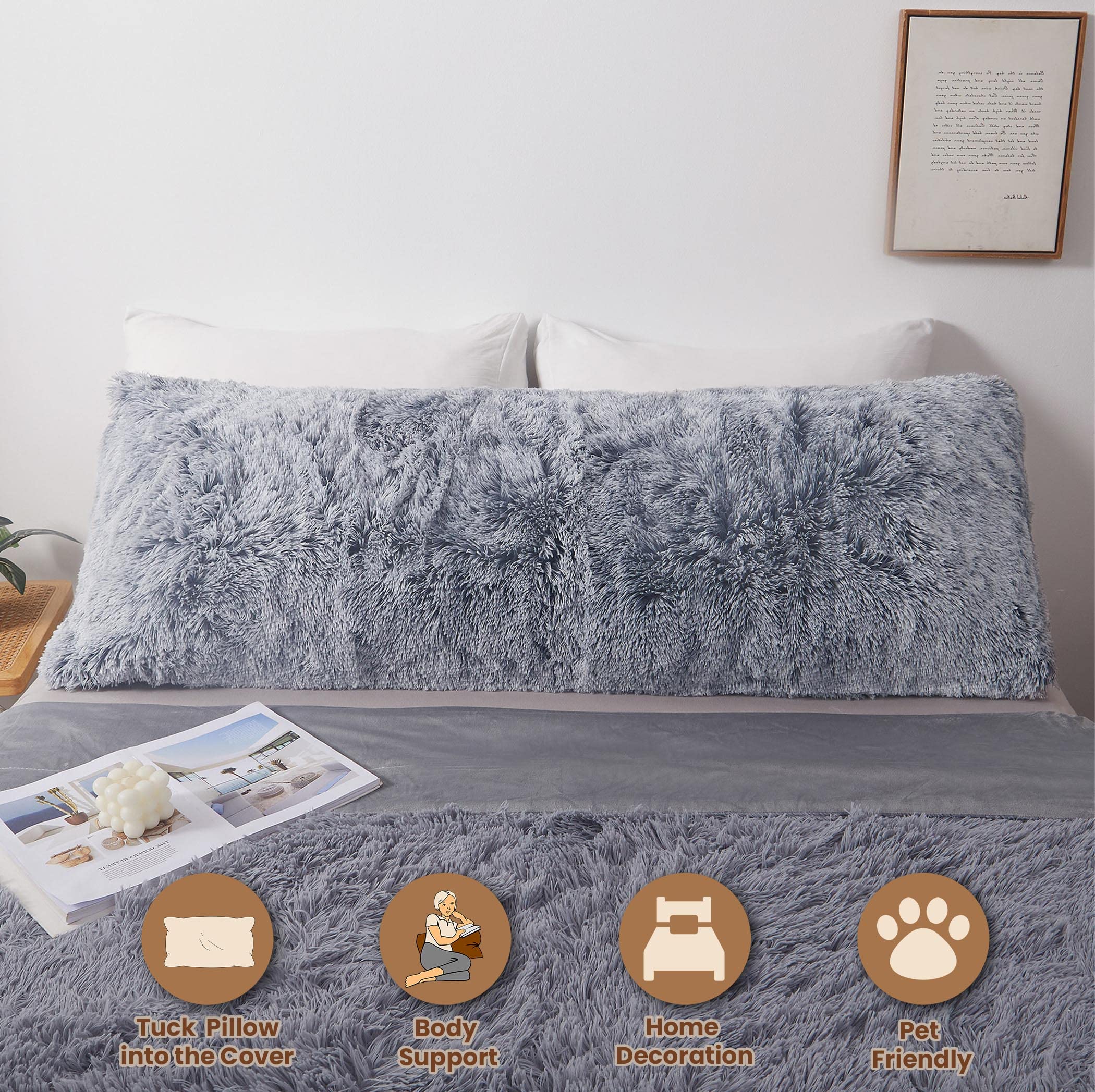 MEGO Shaggy Plush Body Pillow Cover - Light Gray Faux Fur Fluffy Pillowcase 20x54 Inches - Boho Fuzzy Full Body Pillow Case for Bed, Sofa & Home Decor - Soft Rectangular Long Big Pillow Sham in Ombre Grey - Perfect for Lounging, Reading & Cozy Home Decor