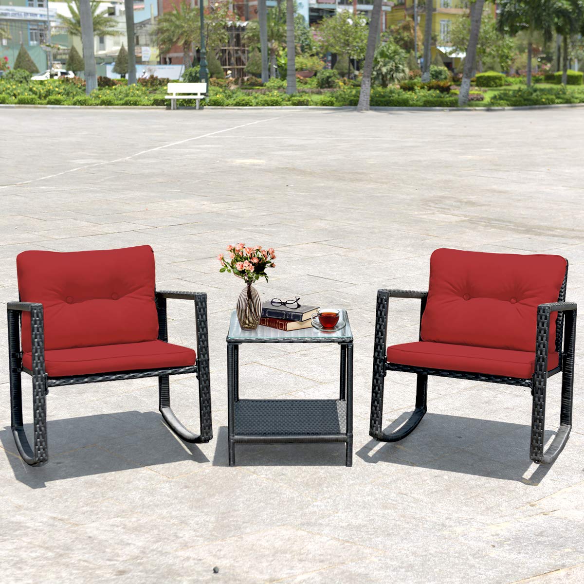 Tangkula 3-Piece Patio Wicker Rocking Bistro Set - Outdoor Rocking Chairs with Cushioned Seats, Glass Coffee Table & Storage Shelf - Red - Perfect for Backyard, Garden, Porch or Balcony Relaxation