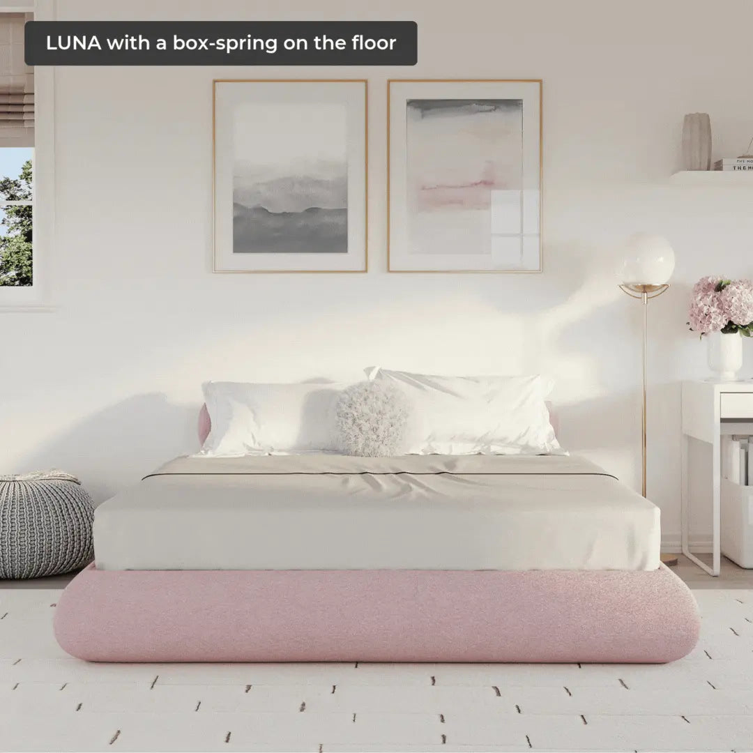 Luna Bed Frame - Queen Size Platform Bed with Upholstered Headboard, Cotton Candy Pink Fabric | Modern Bedroom Furniture for Girls, Teens, and Adults