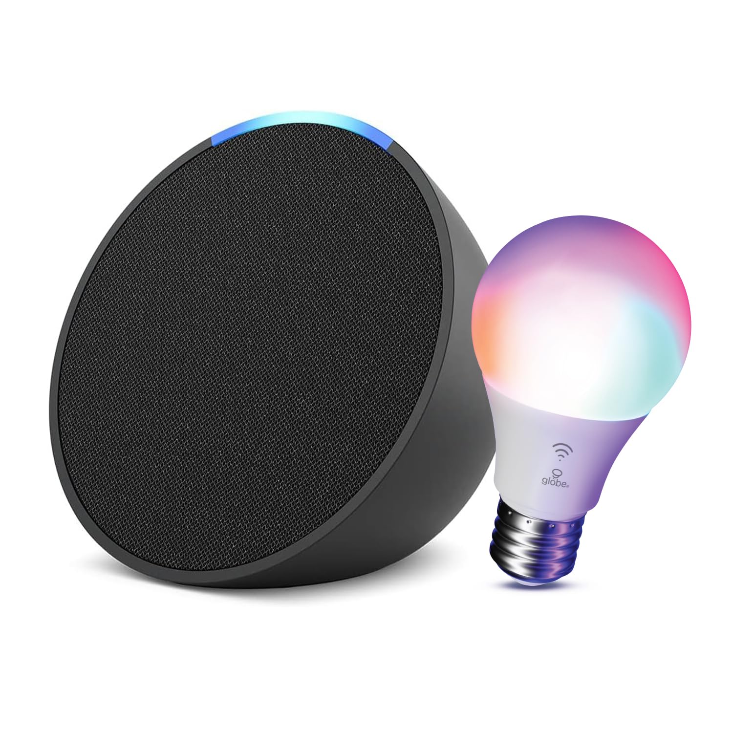 Echo Pop Smart Speaker with Globe Electric Smart Color Bulb - Voice Control, Music Streaming & Smart Home Automation for Living Room, Bedroom & Office