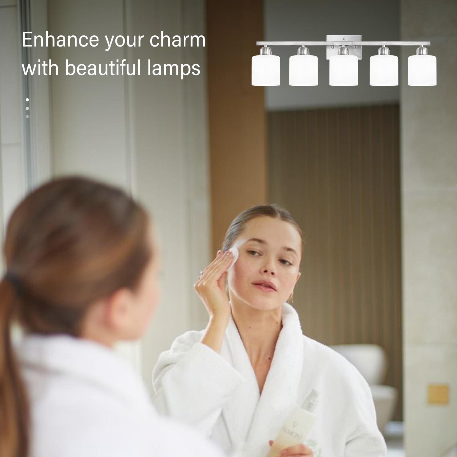 5-Light Bathroom Vanity Light Fixture Brushed Nickel with Milky White Frosted Glass Shade, E26 Base - Perfect for Bathroom Mirror, Bedroom, Living Room & Dressing Area Lighting