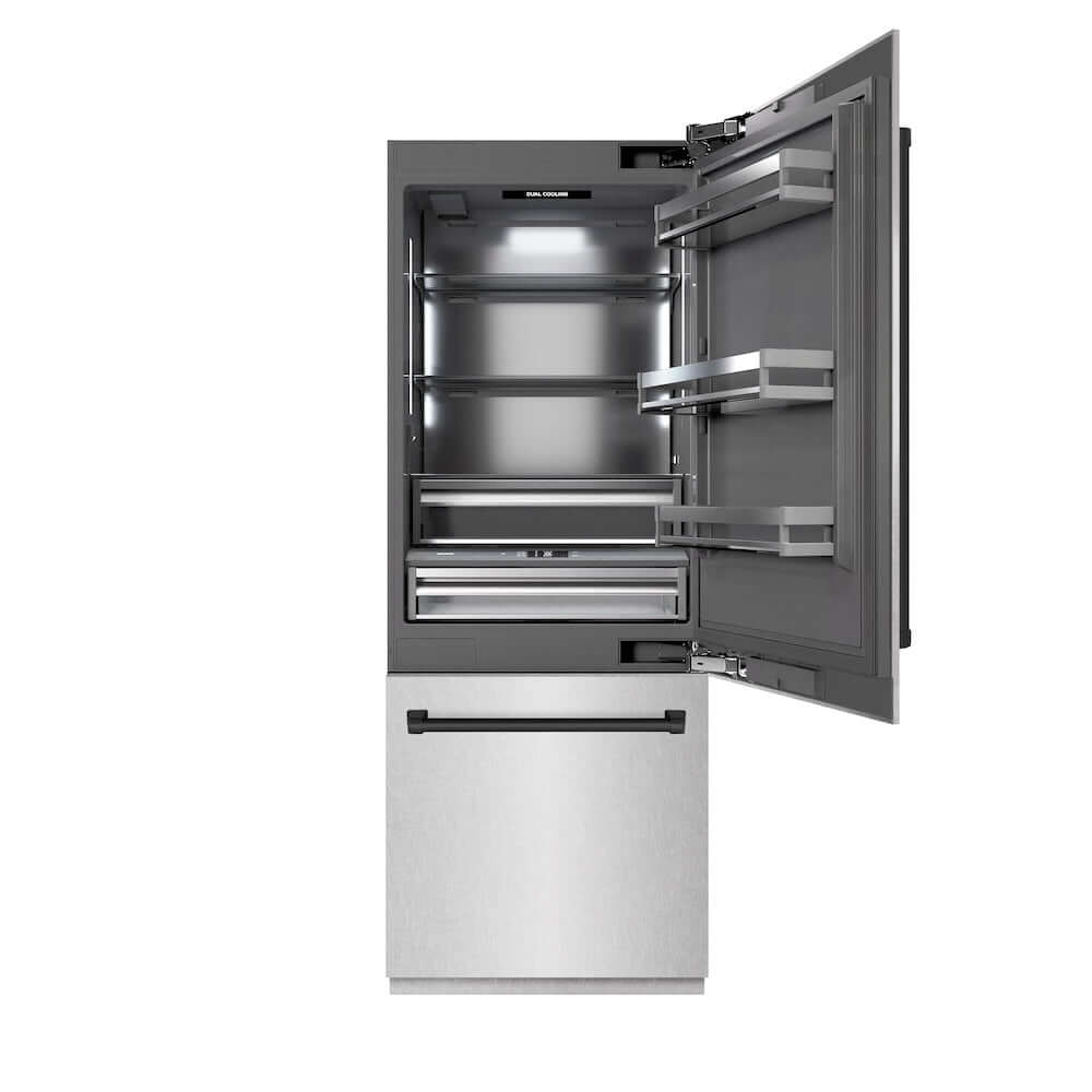 ZLINE Autograph Edition 30-Inch Built-In Bottom Freezer Refrigerator - 16.1 cu.ft Capacity with Water Dispenser & Ice Maker - Satin Stainless Steel Exterior, Graphite Gray Interior & Matte Black Accents (GRBIVZ SN 30 MB) - Perfect for Modern Kitchens & Open-Concept Homes