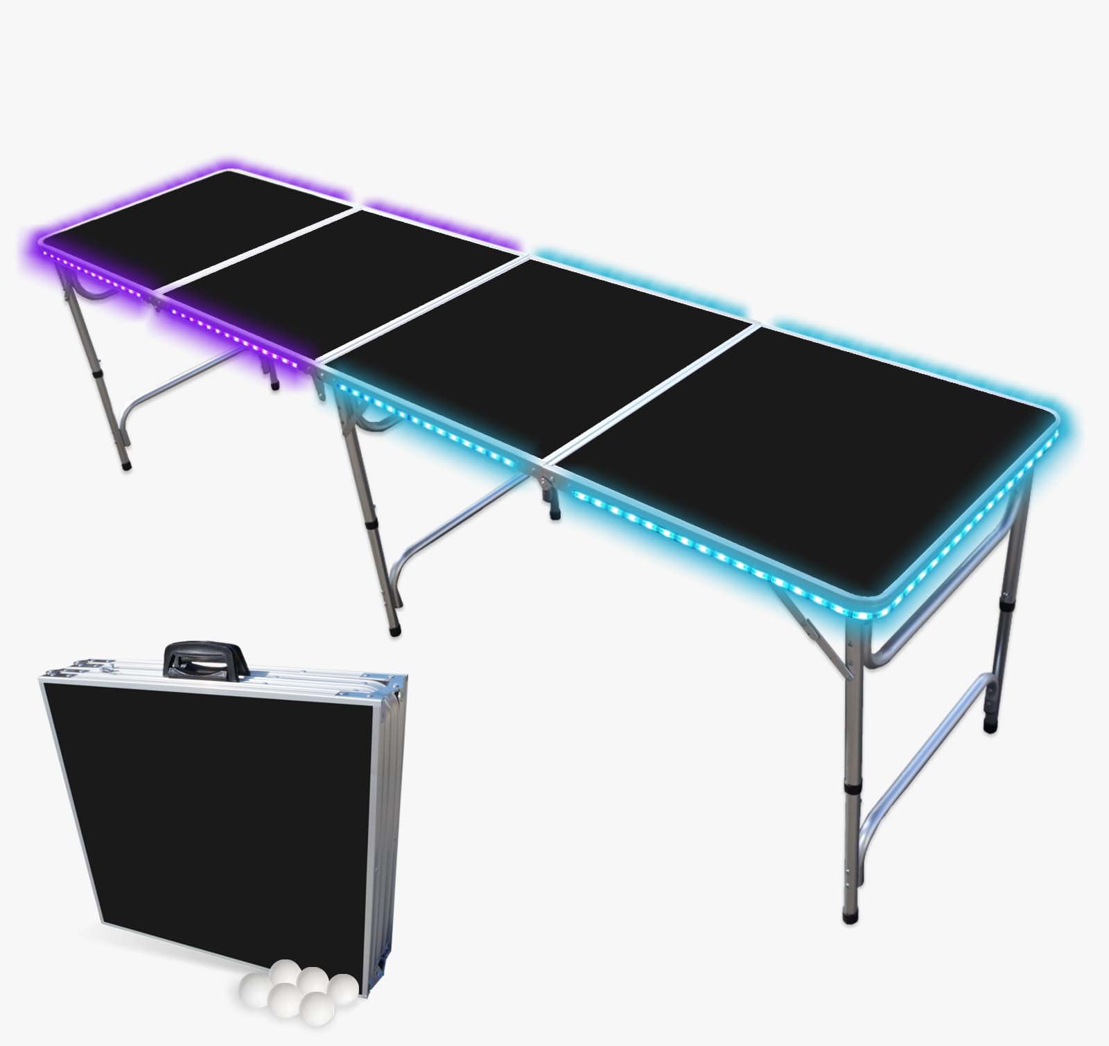 PartyPong 8-Foot Folding Beer Pong Table with LED Lights & 6 Balls - Portable Outdoor Party Game for Backyard, Tailgating & College Events