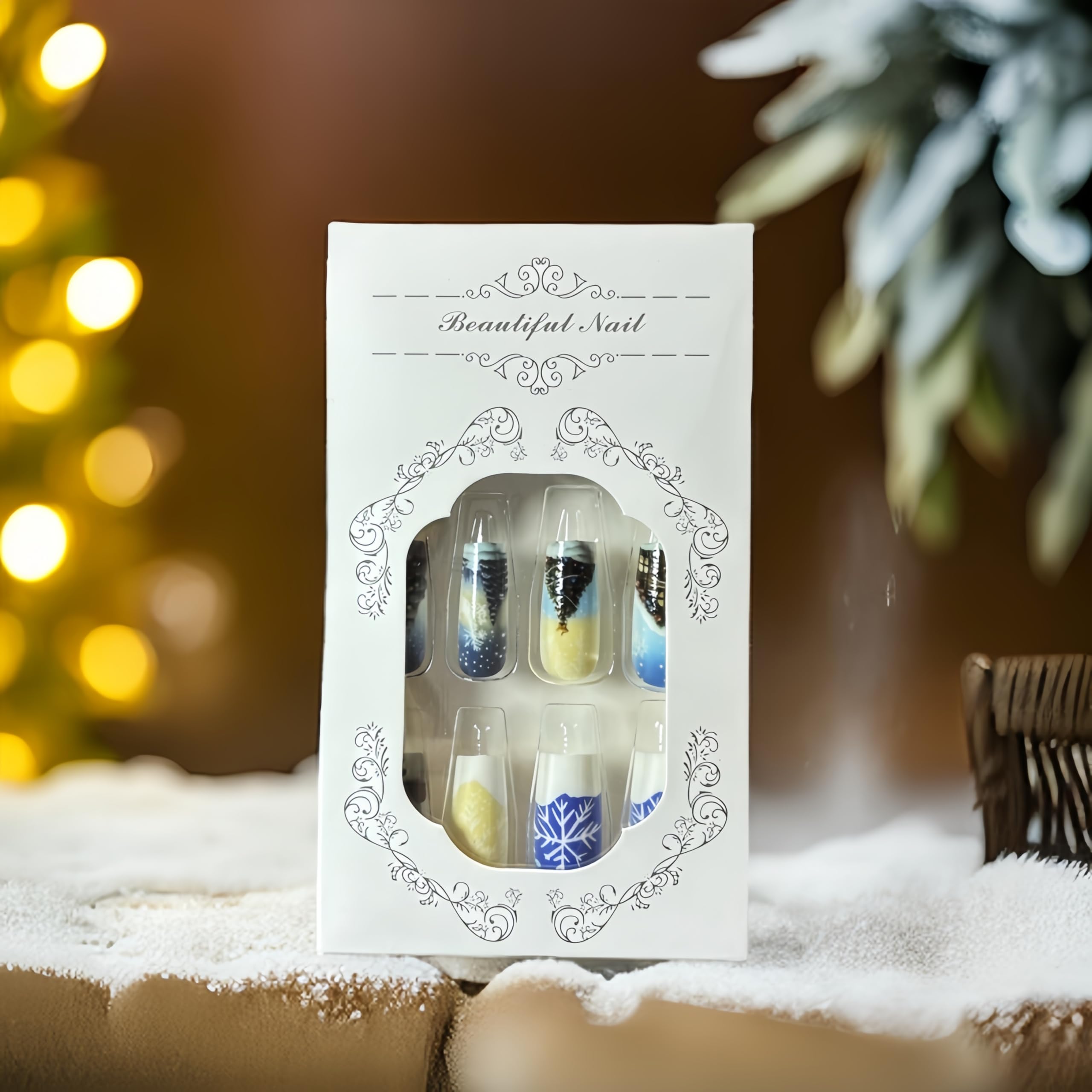 Christmas Press On Nails - Medium Square Blue & White Xmas Nails with Snowman, Snowflake & Holiday Designs - 24Pcs Glossy Acrylic False Nails for Women - Perfect for Holiday Parties, Gift Giving & Winter Nail Art