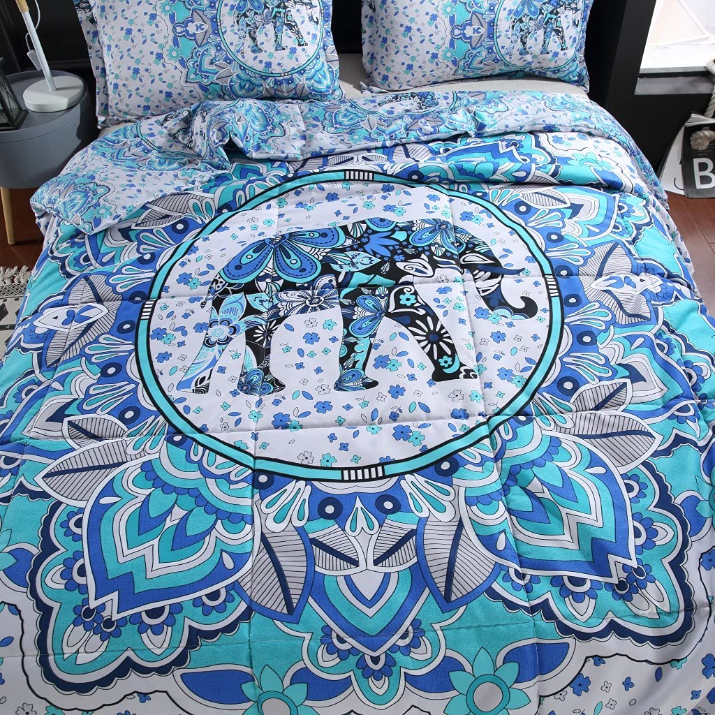 Teal Blue Elephant Bohemian Paisley Comforter Set - Soft Reversible All-Season Boho Hippie Geometric Bedding for Twin Bed (3-Piece) | Perfect for Bohemian Bedroom Decor & Guest Room Styling