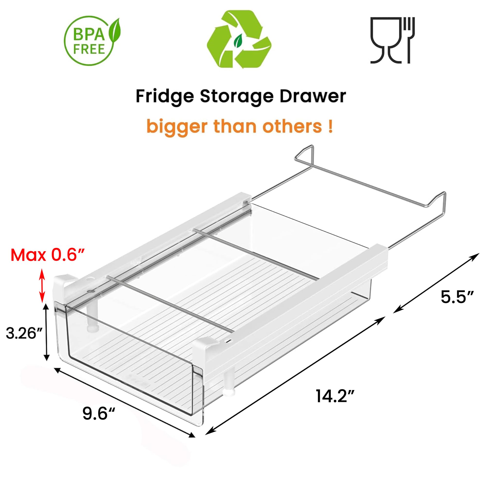 Vacane Large Under Shelf Fridge Drawer Organizer - Pull Out Refrigerator Storage Bin for Fruits, Vegetables, Deli Meats, Cheese & Bacon - Space Saving Kitchen Organizer - Easy to Install (Perfect for Pantry, RV, Dorm & Small Kitchen Organization)