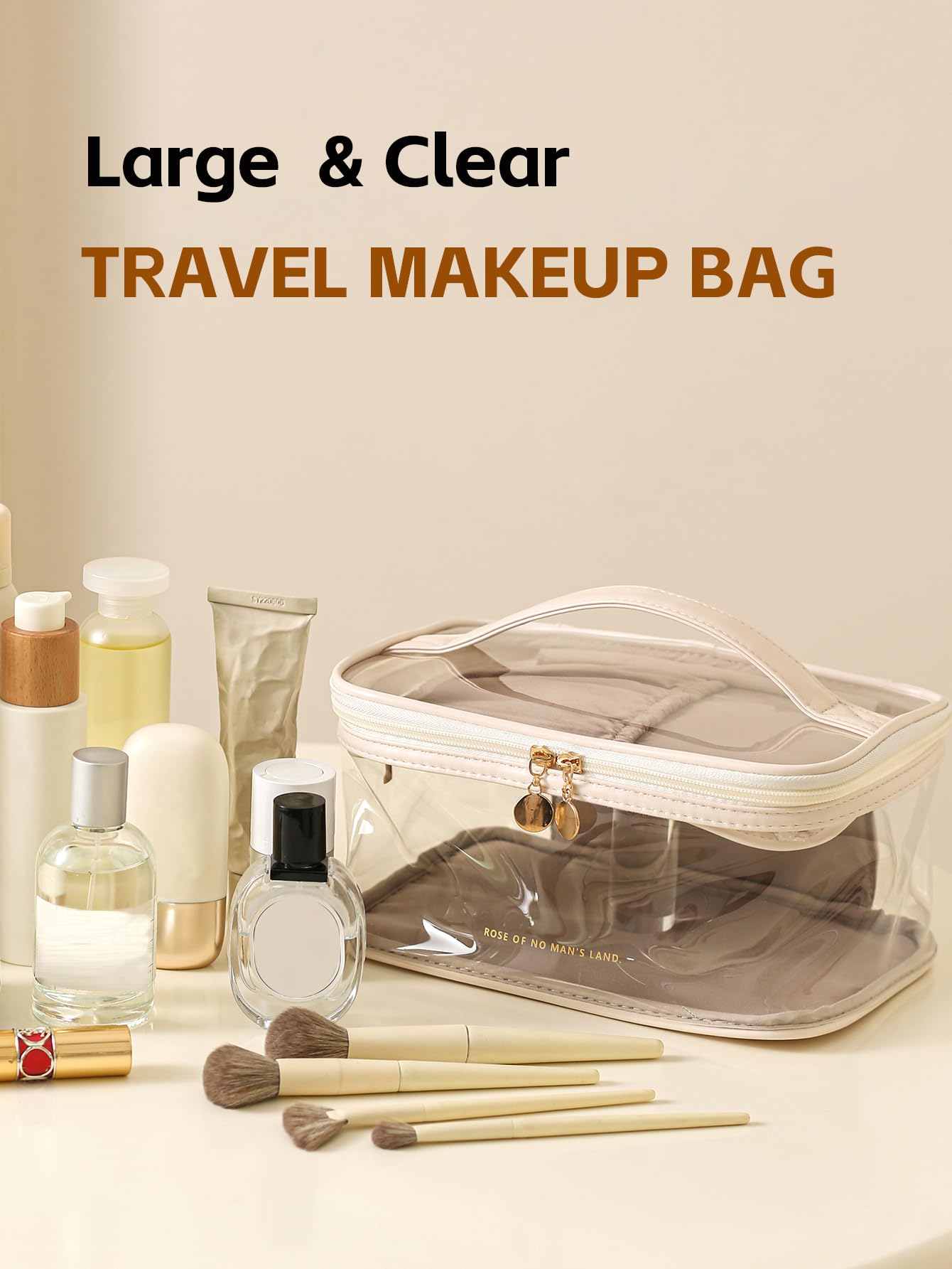 Large Clear Makeup Bag - Waterproof Transparent Cosmetic Organizer with Handle for Women & Girls | Travel Toiletry Case, Skincare Pouch, Daily Beauty Essentials | Perfect for Air Travel, Gym, Beach & Home Organization (Black)