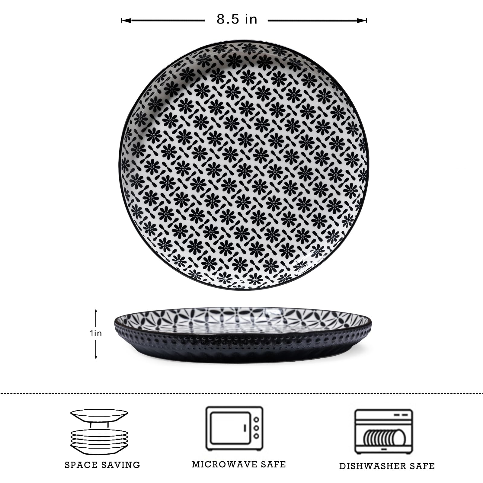 LEHAHA 6-Piece Ceramic Dinner Plates Set - 8-inch Black and White Porcelain Plates for Dessert, Salad, Pasta & Pizza | Round Dishwasher & Microwave Safe Plates for Home, Restaurant & Party Use | Elegant Tableware for Everyday Dining & Entertaining
