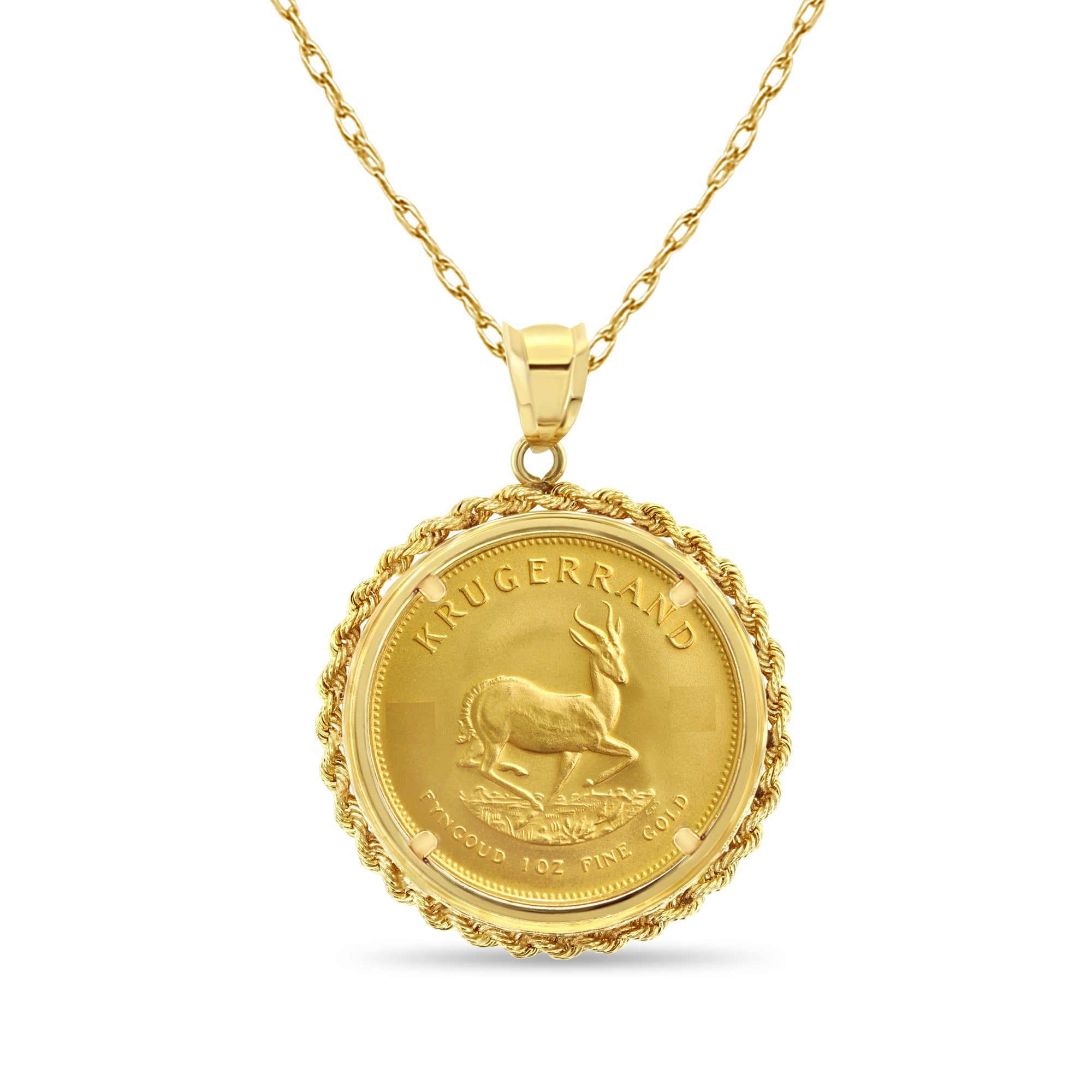 1OZ Fine Gold South African Krugerrand Coin Necklace with Rope Bezel - Luxury Jewelry for Men & Women, Perfect for Gifts, Weddings & Special Occasions