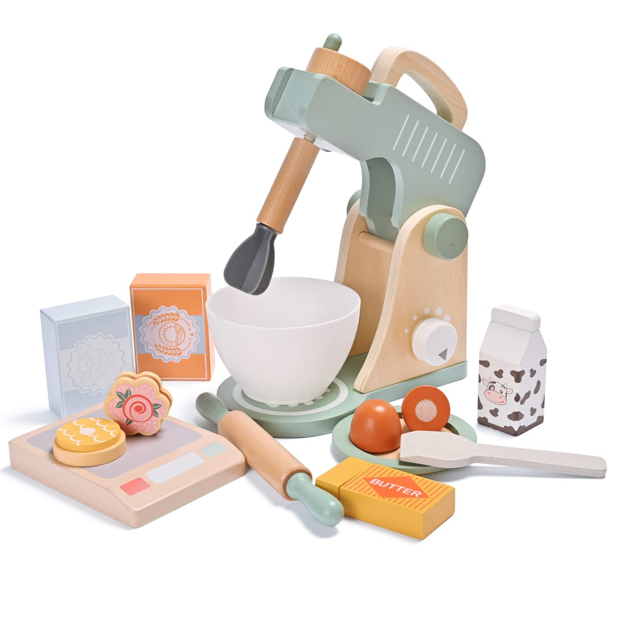 **Wooden Pretend Play Kitchen Accessories Set for Kids - Toy Mixer, Blender & Bake Cookies Playset - Educational Cooking Toys for Boys & Girls Ages 3+ - Perfect for Imaginative Play & Role-Playing Games**