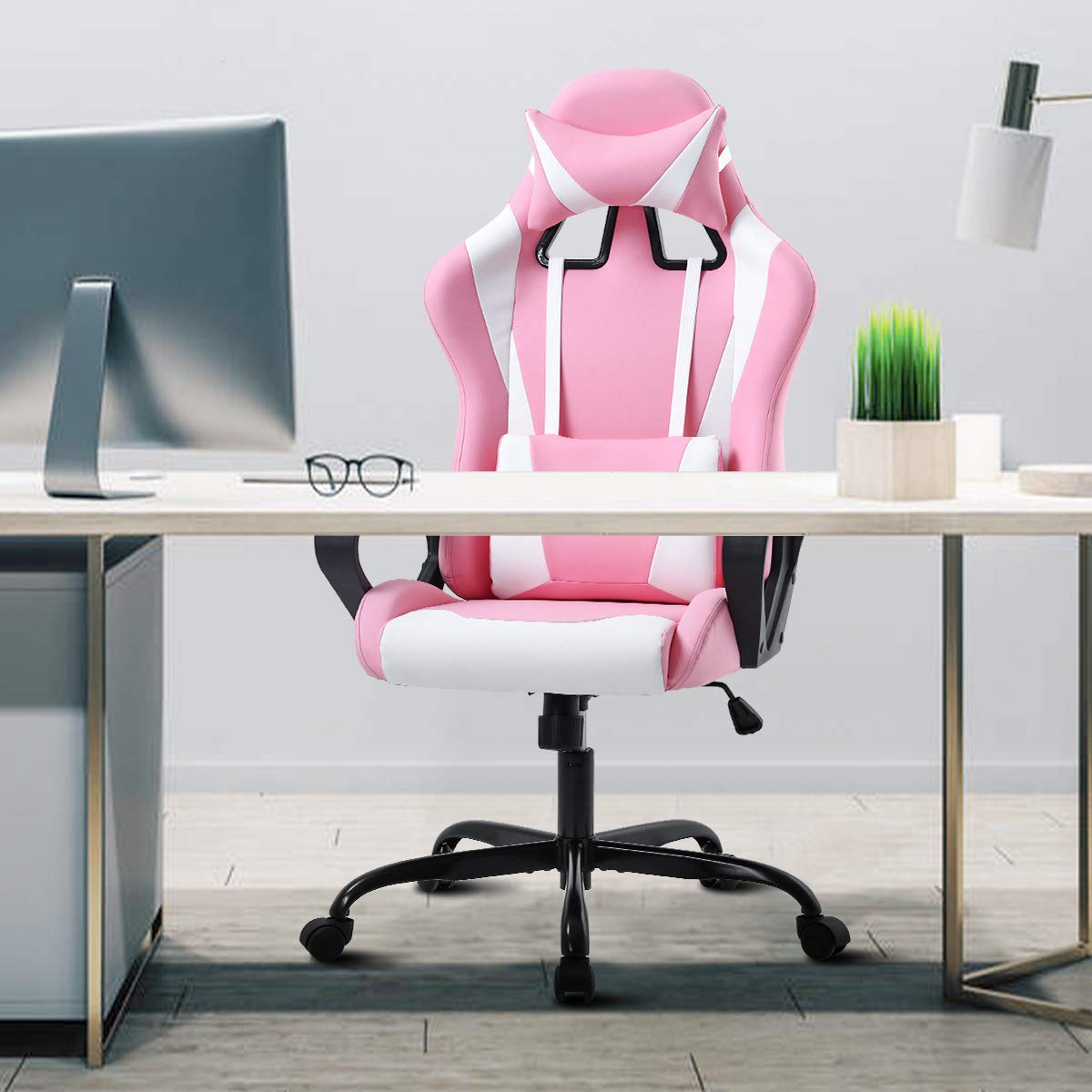 Ergonomic Gaming Chair with Lumbar Support & Headrest - High Back PU Leather Office Computer Chair with Adjustable Height, Armrests & Swivel for Men & Women - Perfect for Gaming, Work & Home Office (Pink)