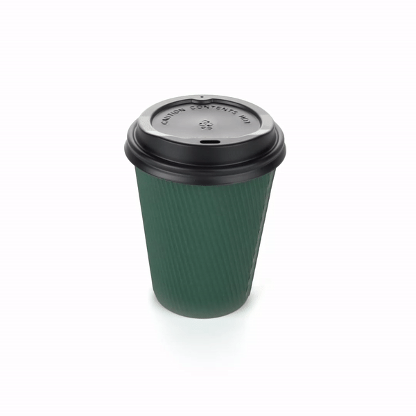 12 oz Eco-Friendly Dark Green Ripple Wall Coffee Cups with Black Lids - 3.5