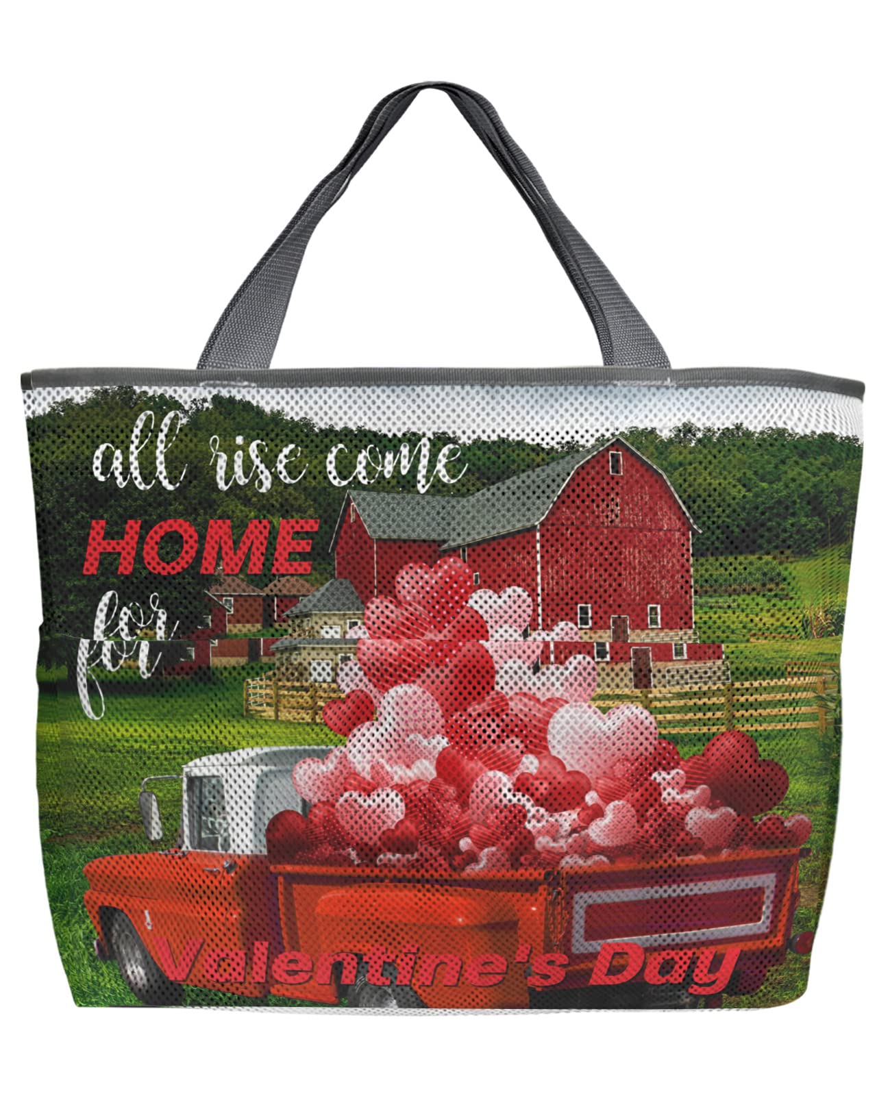 60L Oversized Mesh Beach Tote Bag with Pockets - Heart Truck & Farm Red Barn Design - Quick Dry Foldable Lightweight Swim Bag (24