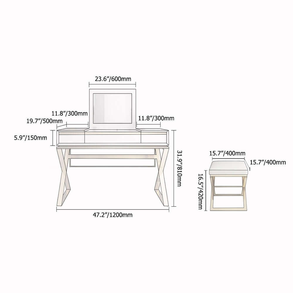 Modern 2-Drawer Wooden Makeup Vanity Set with Mirror & Stool - Gold X Base Stainless Steel | Perfect for Bedroom, Dressing Room & Beauty Salon Organization