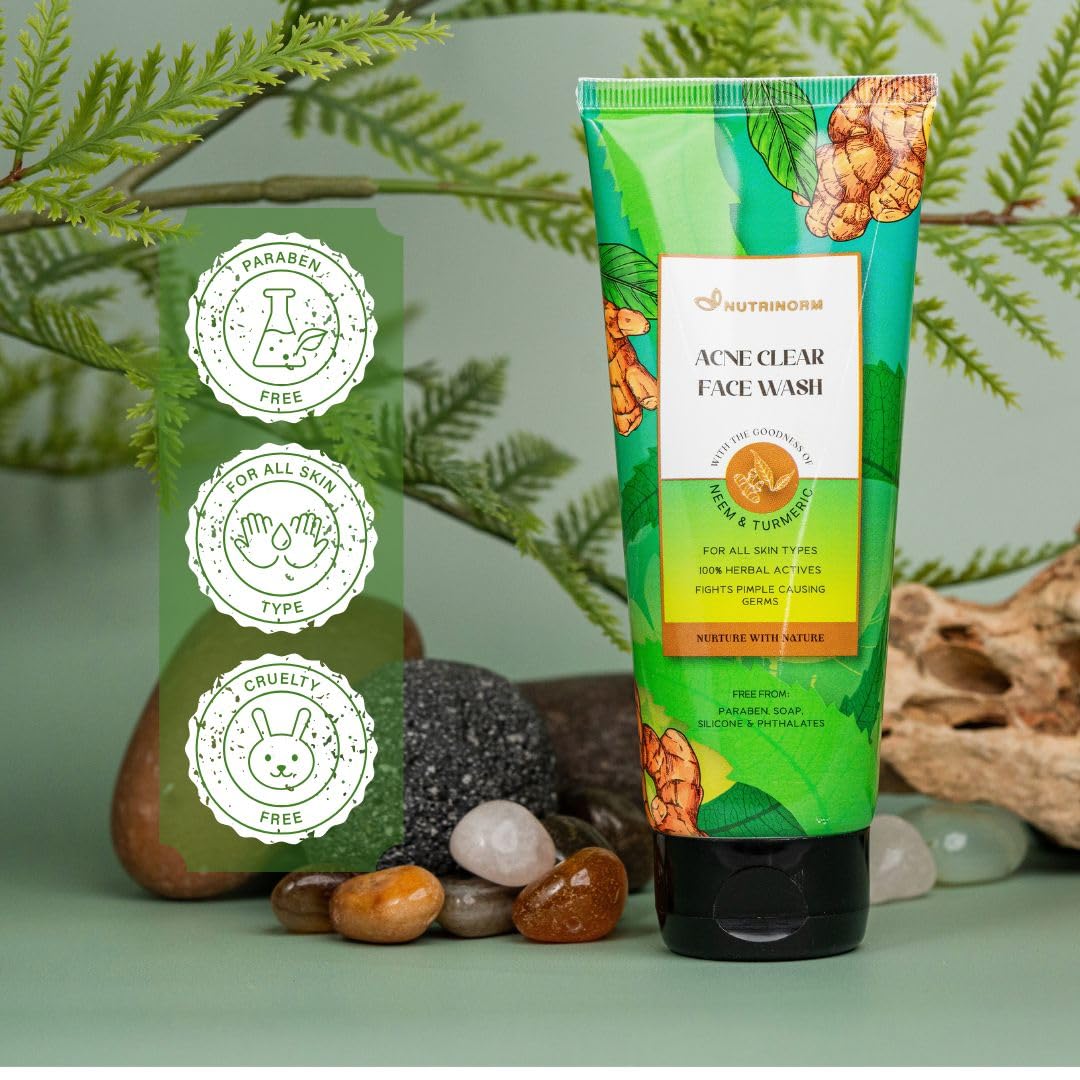 Nutrinorm Acne Clear Face Wash with AHA & BHA Synergy | 5% Curcumin & Neem Exfoliators | Gentle No Micro-Tears Formula | Photoprotectant for Radiant Skin | 100ml | Daily Acne Treatment for Oily & Sensitive Skin | Perfect for Morning & Night Skincare Routine