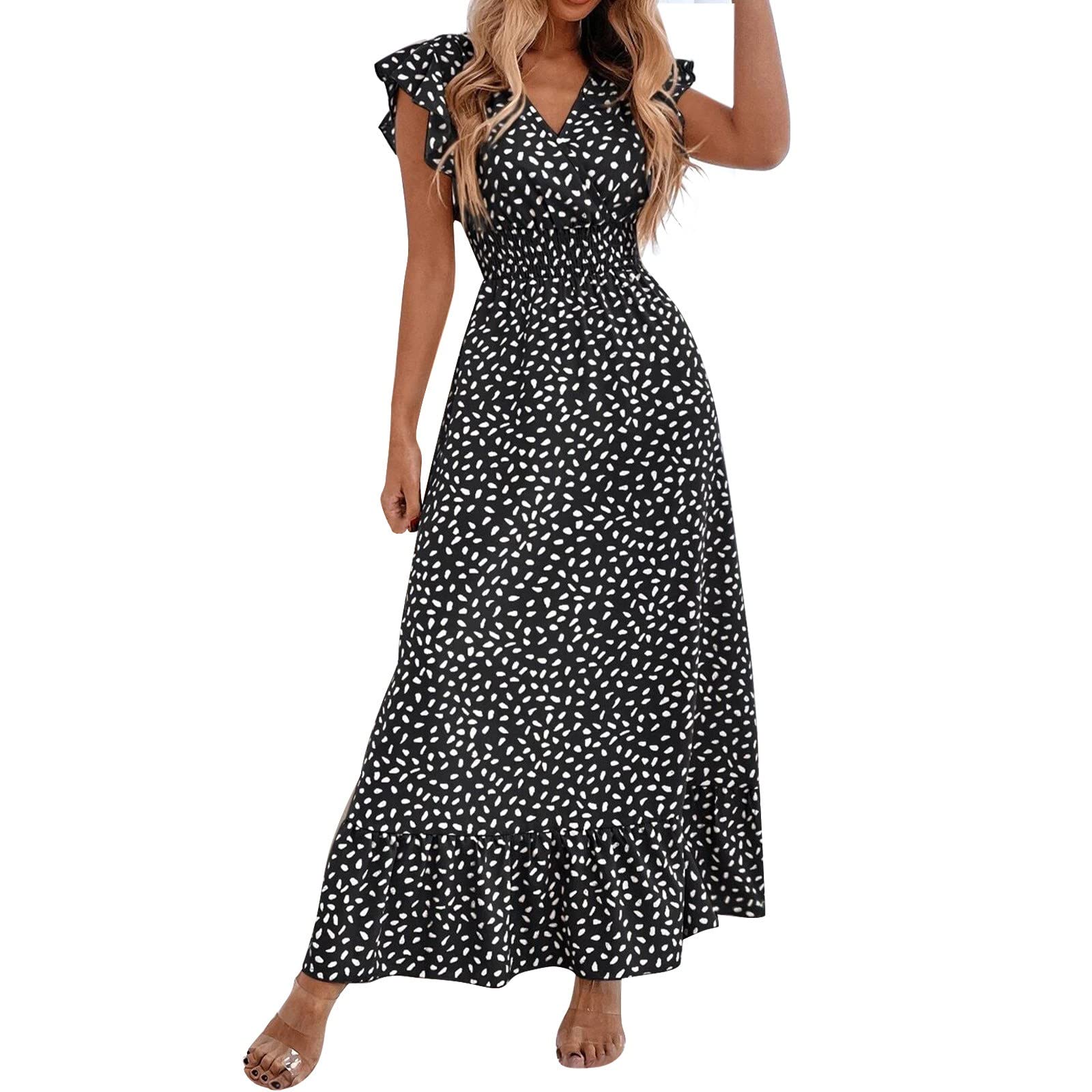 WANYNG Women's Maxi Dress - Ruffle Sleeve Boho Beach Sundress | Summer Formal Evening Midi Dress for Women | Perfect for Beach Vacations, Date Nights & Outdoor Parties
