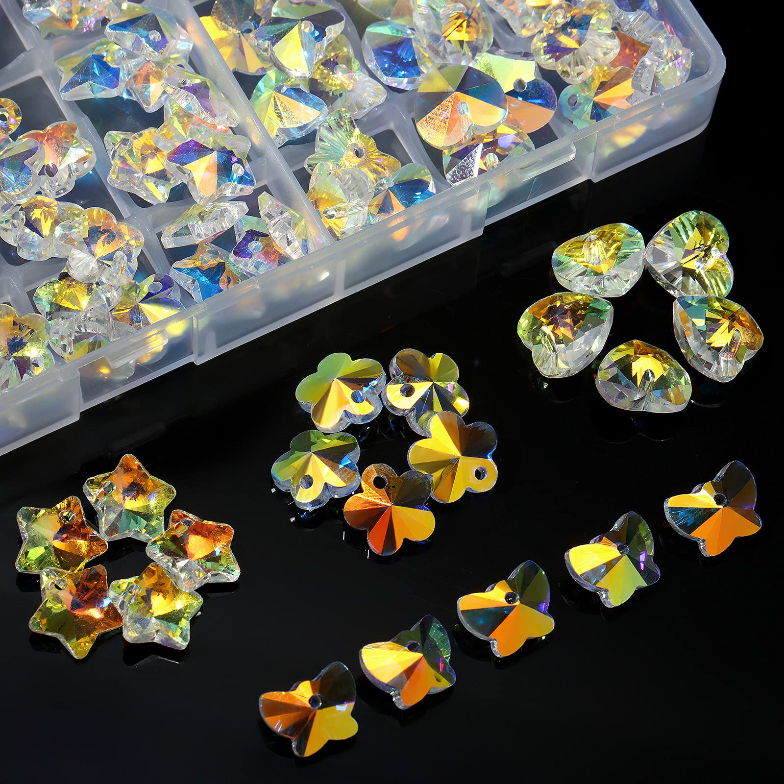 80-Piece Mixed AB Crystal Beads Charms Set - Butterfly, Heart, Star & Flower Glass Beads for DIY Jewelry Making - Perfect for Bracelets, Necklaces, Earrings & Craft Projects - Great for Gifts, Party Favors & Home Decor