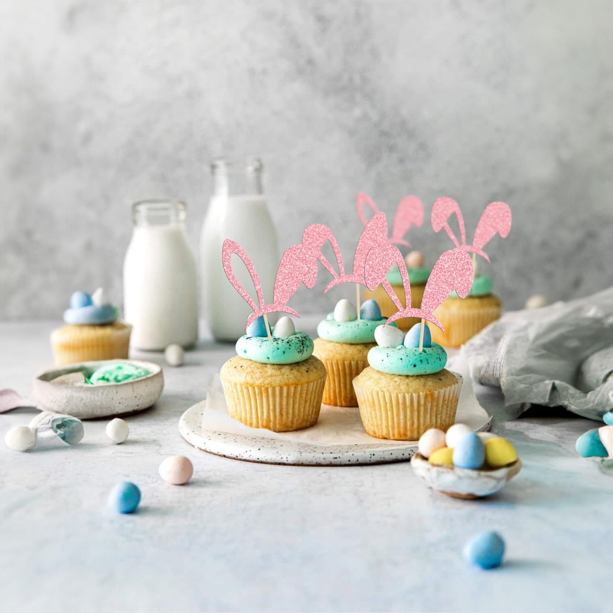 24 Pack Easter Bunny Ear Cupcake Toppers - Pink Glitter Rabbit Cake Decorations for Easter, Spring Birthday & Baby Shower Party Supplies | DIY Dessert Decor, Holiday Baking, Themed Celebrations