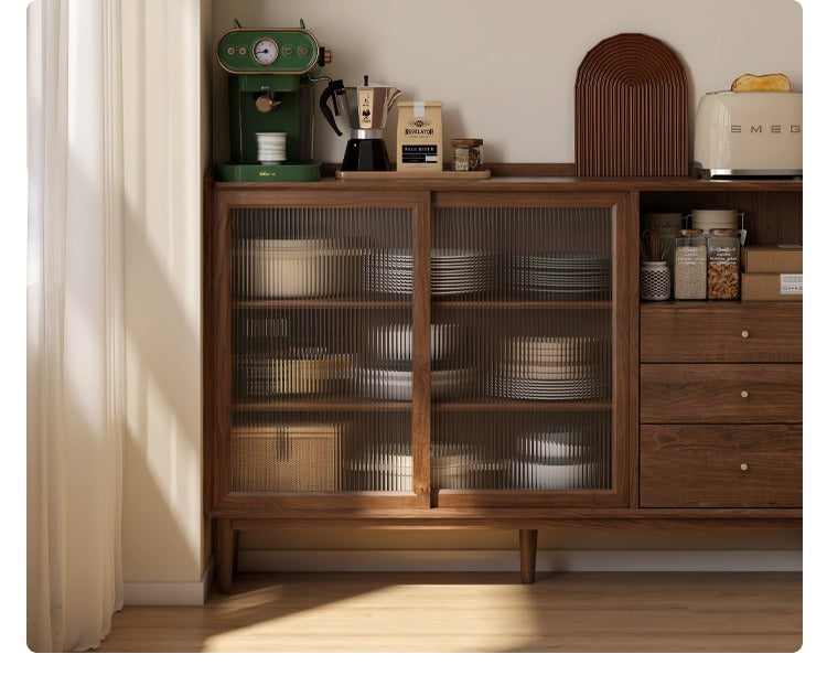 Modern Solid Wood Sideboard with Glass - Black Walnut & Oak - Perfect for Living Room, Dining Room, or Entryway Storage