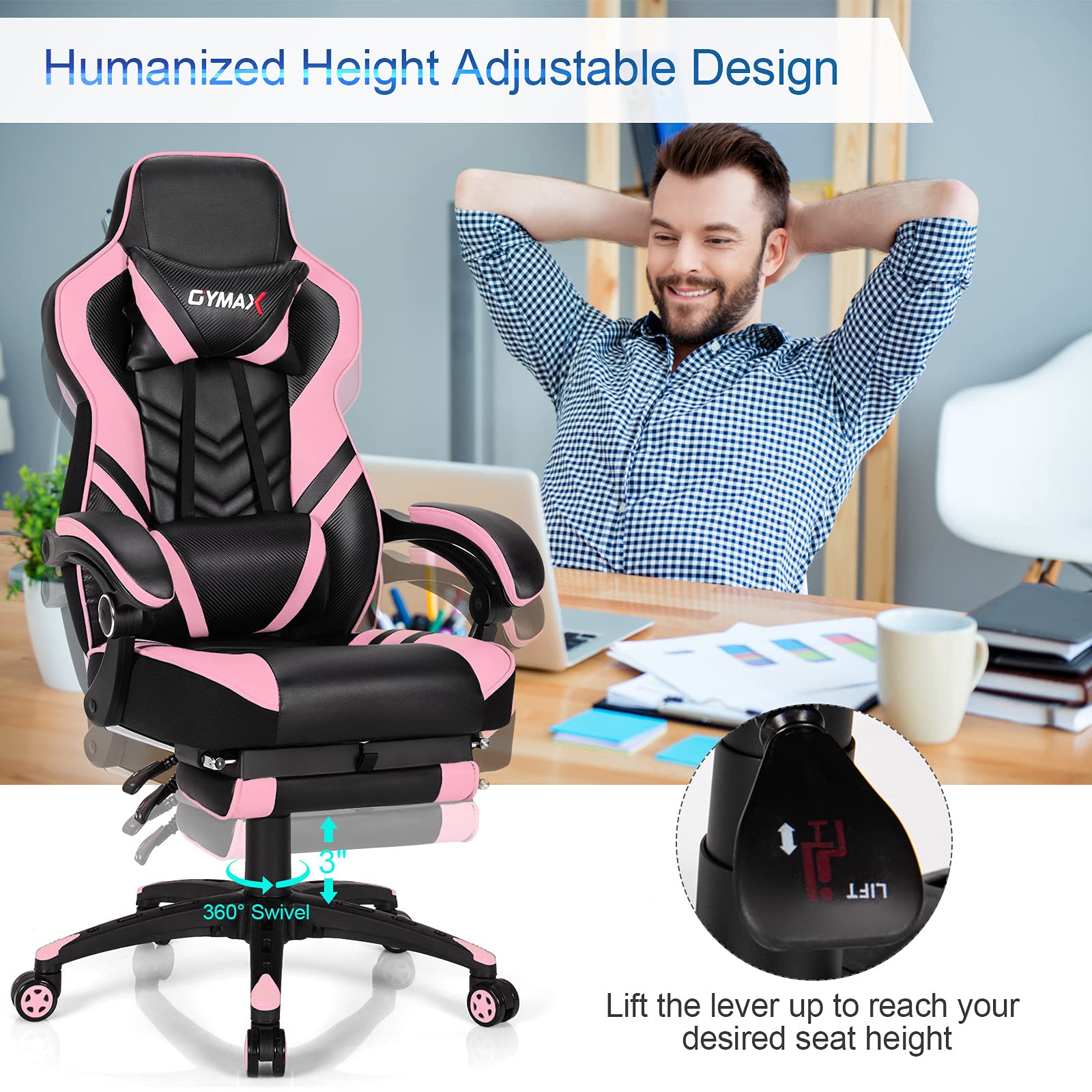 Ergonomic Pink Gaming Chair for Adults & Teens - High Back Reclining Computer Desk Chair with Lumbar Support, Retractable Footrest & Headrest - Perfect for Gaming, Office Work & Home Study