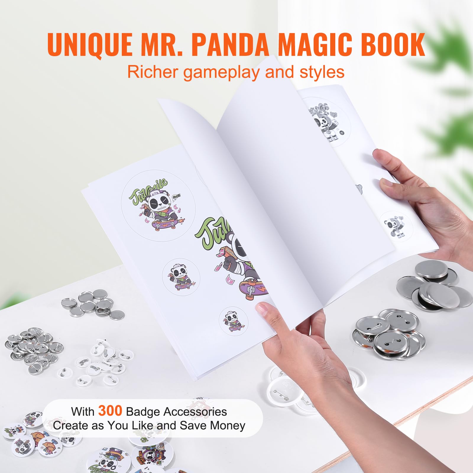 VEVOR 3-in-1 Button Maker Machine Kit with 300pcs Button Parts (1/1.25/2.28 inch) - Ergonomic Arc Handle Punch Press & Panda Magic Book - Perfect for DIY Crafts, School Projects, and Children's Birthday Gifts
