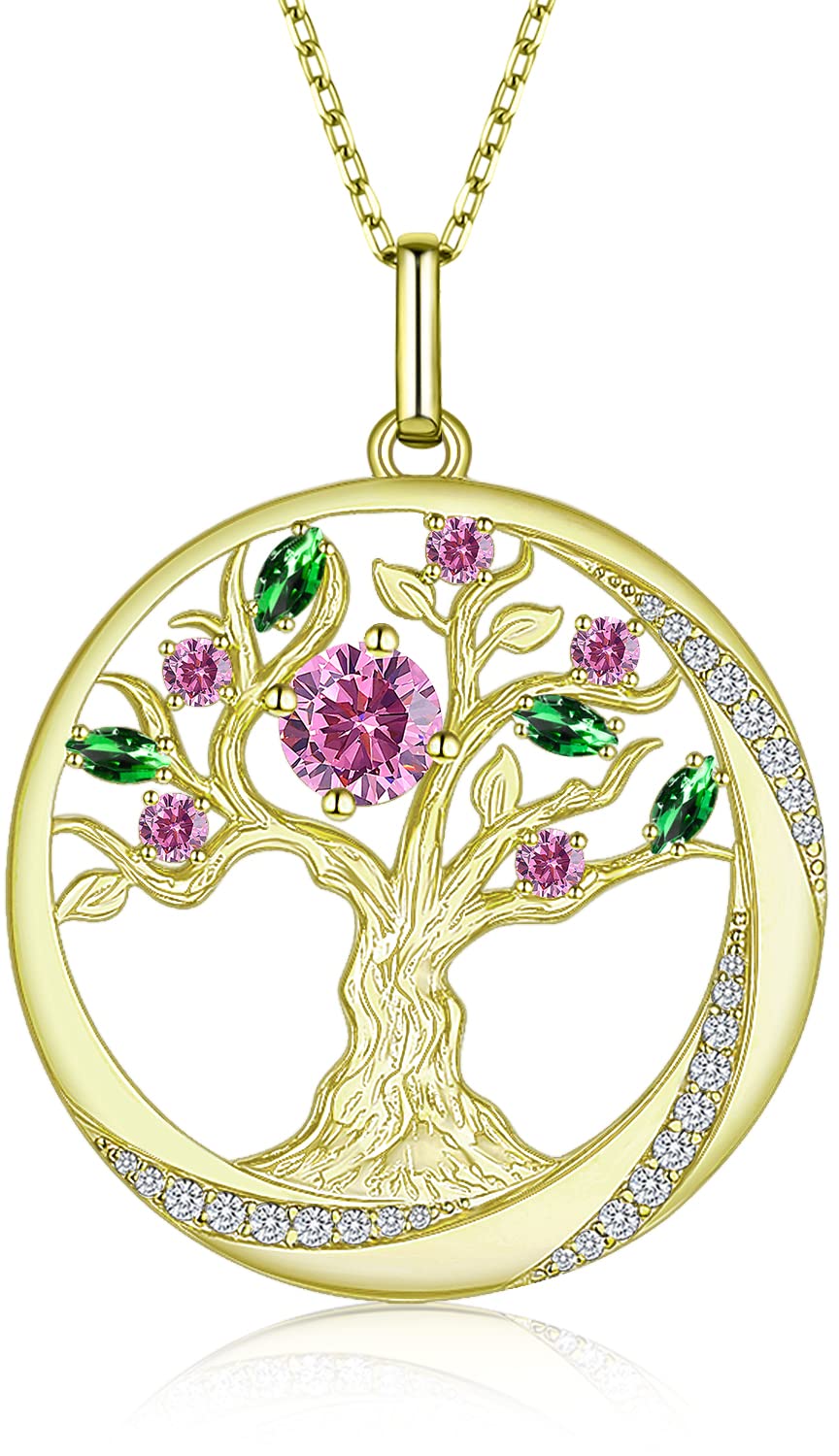 JD&P Tree of Life Gold Necklace for Women - 925 Sterling Silver 18K Gold Plated Cubic Zirconia Birthstone Pendant Jewelry | Perfect Gift for Valentine's Day, Mother's Day, Christmas | Ideal for Mom, Grandma, Girlfriend & Special Occasions