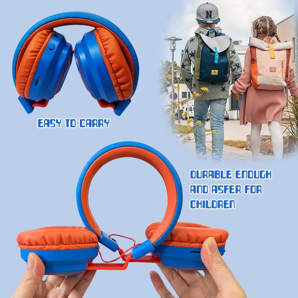 Bluetooth 5.3 Wireless Kids Headphones - 60H Playtime, Volume Limited 85/110dB, Over-Ear Foldable Design with Aux Cable & Mic - Compatible with iPad, Tablet, Notebook - Perfect for School, Travel, Home Use (Blue)