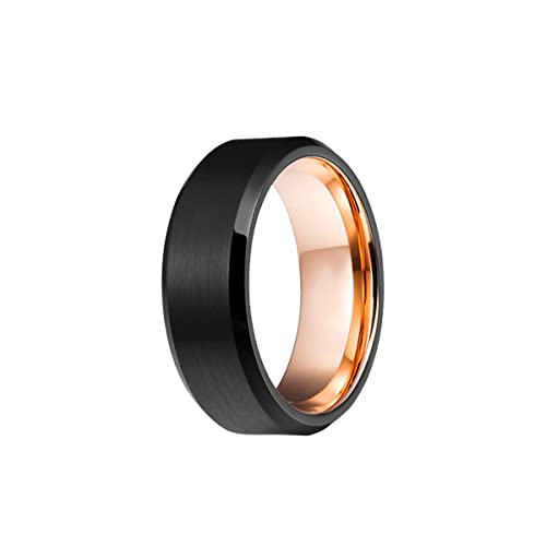 18K Tungsten Rose Gold Men's Wedding Band - 8mm Beveled Edge Comfort Fit Ring with Brushed Black & Rose Gold Interior - Durable Anniversary Gift for Him - Perfect for Weddings, Engagements, and Special Occasions