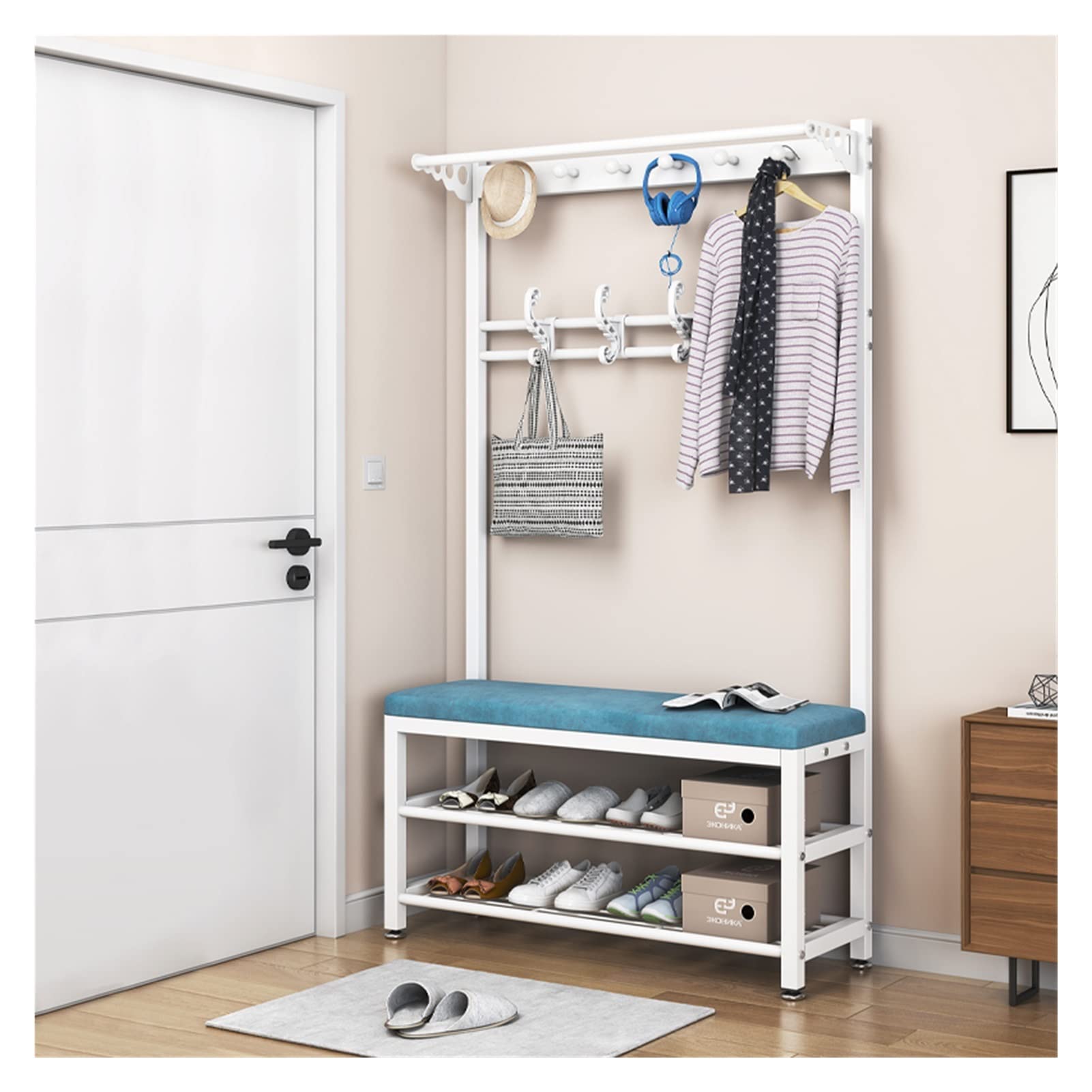 LLLD 3-in-1 Entryway Hall Tree with Shoe Rack & Umbrella Holder - 100CM Blue Carbon Steel Frame Bench with Top Shelf - Perfect for Small Spaces, Apartments & Home Organization
