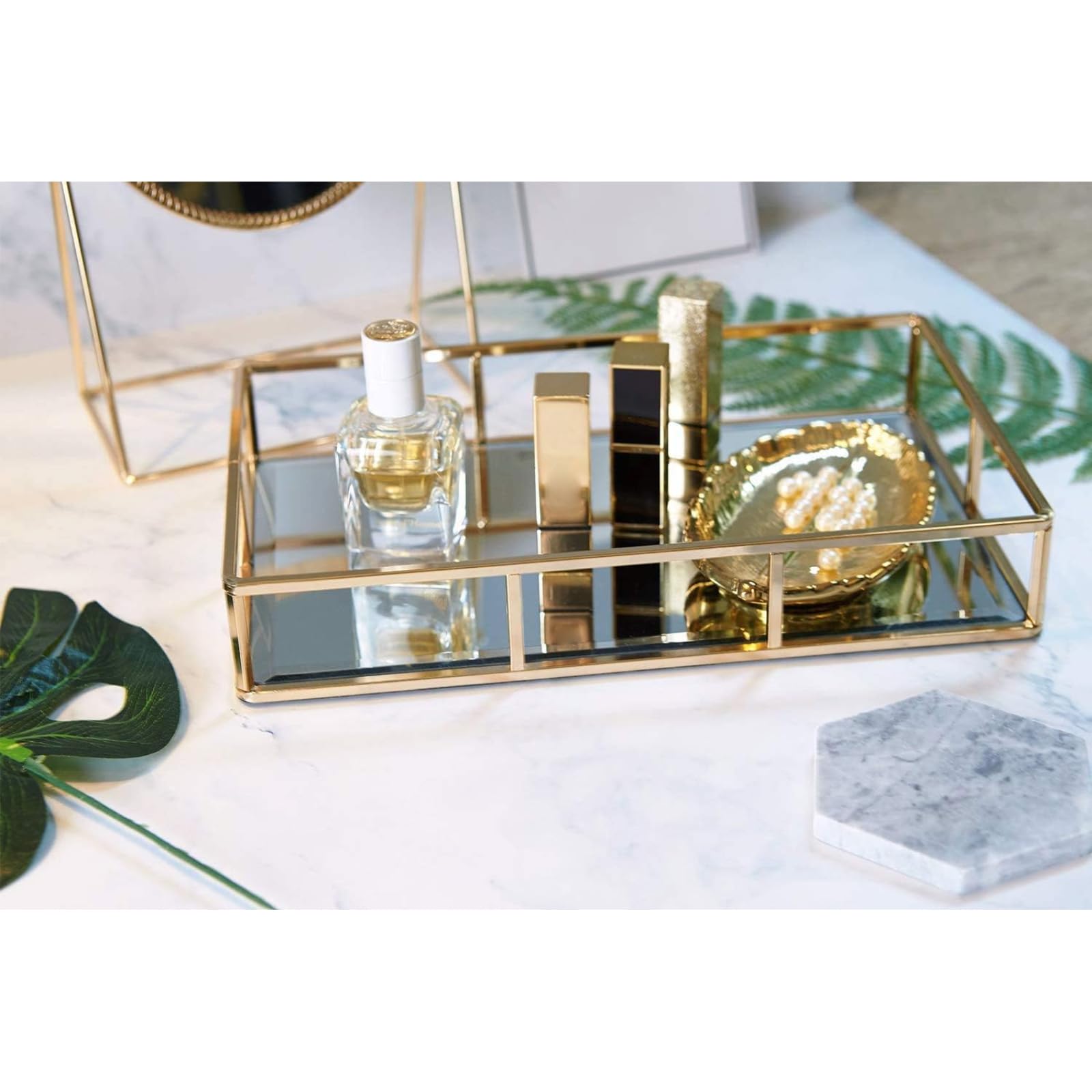 PuTwo Gold Ornate Metal Decorative Tray - Jewelry & Perfume Organizer, Makeup Vanity Tray for Dresser, Bathroom & Bedroom Decor | Perfect for Displaying Rings, Bracelets & Cosmetics