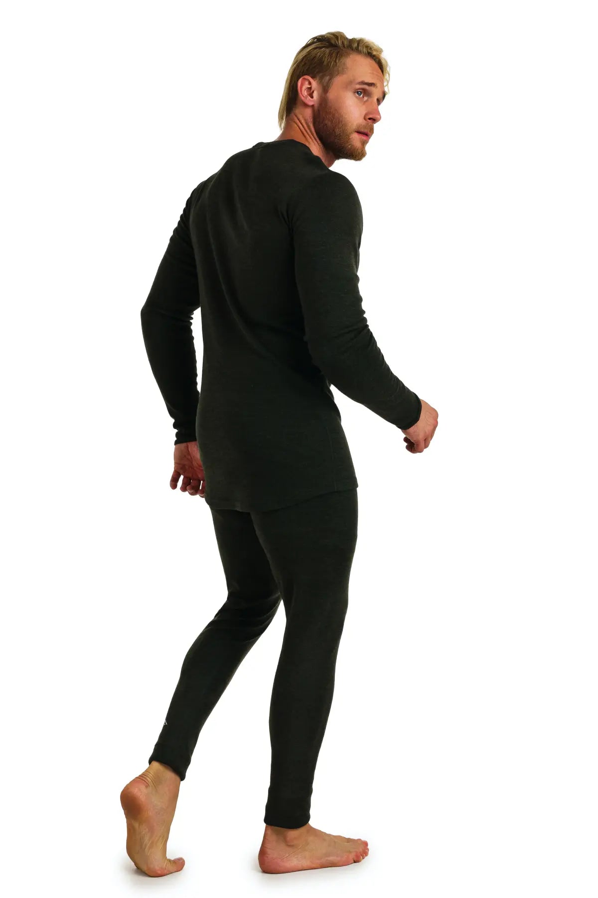 Men's Merino Wool Thermal Underwear Set - 320g Army Green Base Layer for Cold Weather Hiking, Skiing & Outdoor Activities